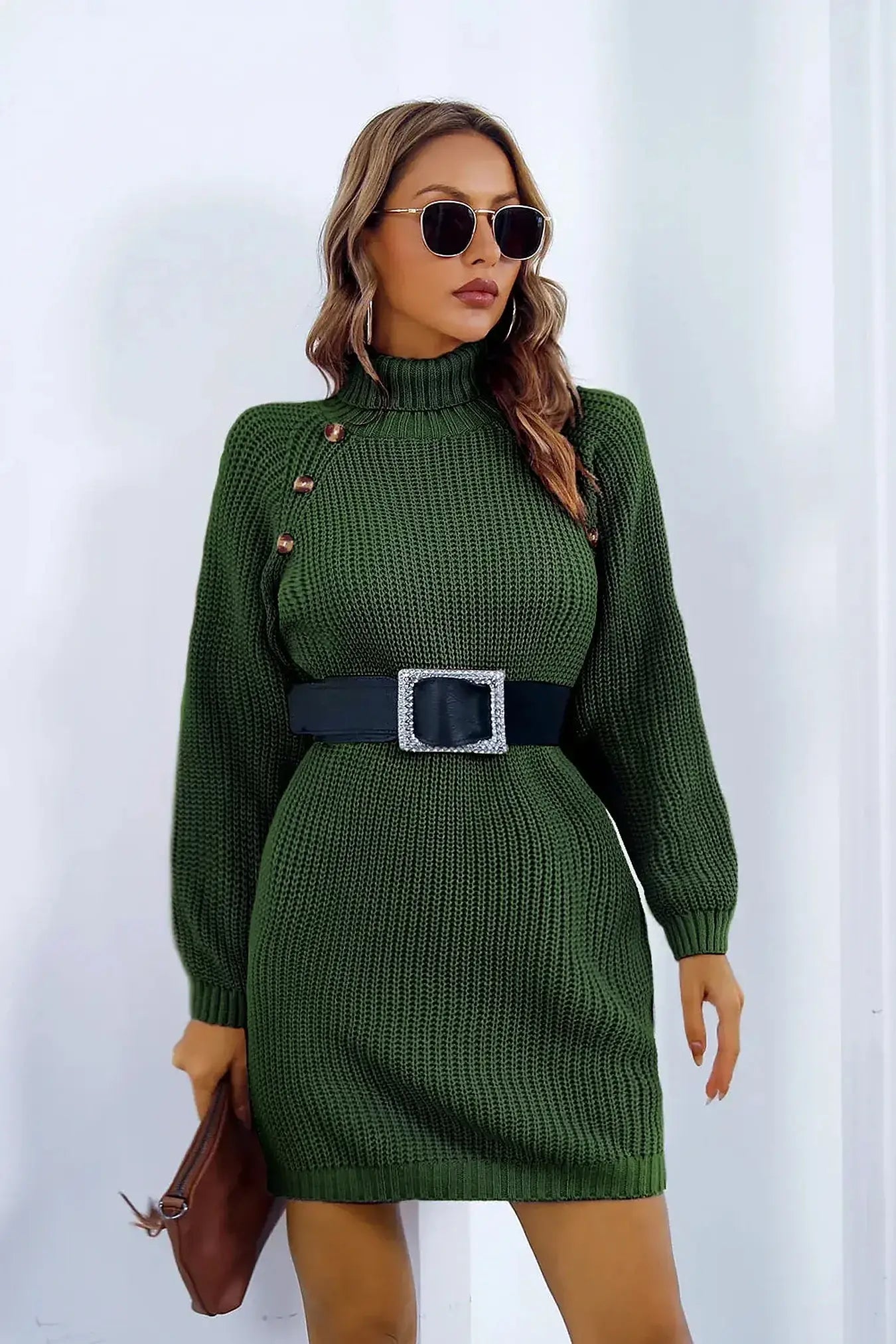 Buttoned Turtleneck Long Sleeve Sweater Dress -