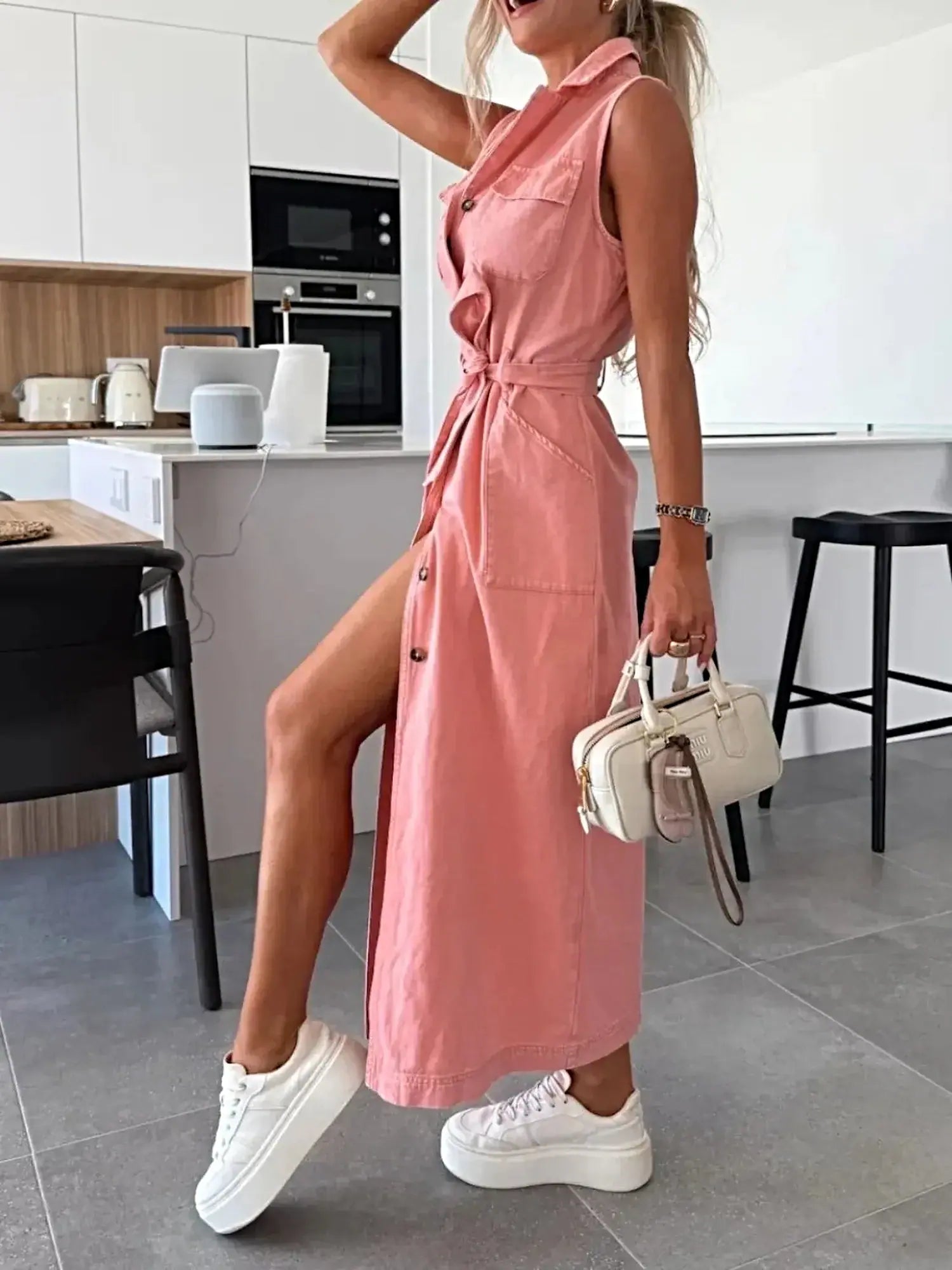 Button Front Sleeveless Denim Dress -
