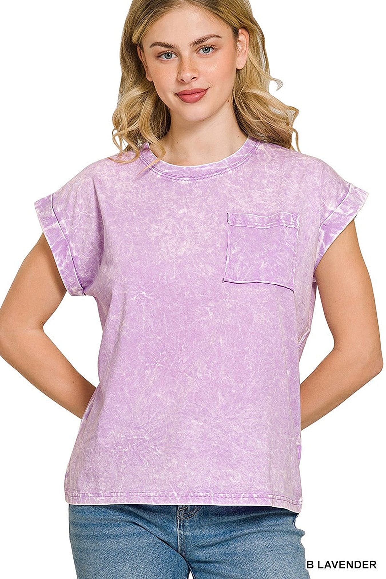 Zenana Full Size Crinkle Washed Round Neck Folded Short Sleeve Tee Plus Size -