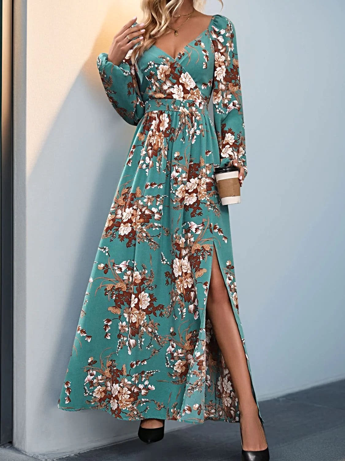 Perfee Elegant 100% Polyester Maxi Dress With Slit - Long Sleeve Surplice Design Trendsi