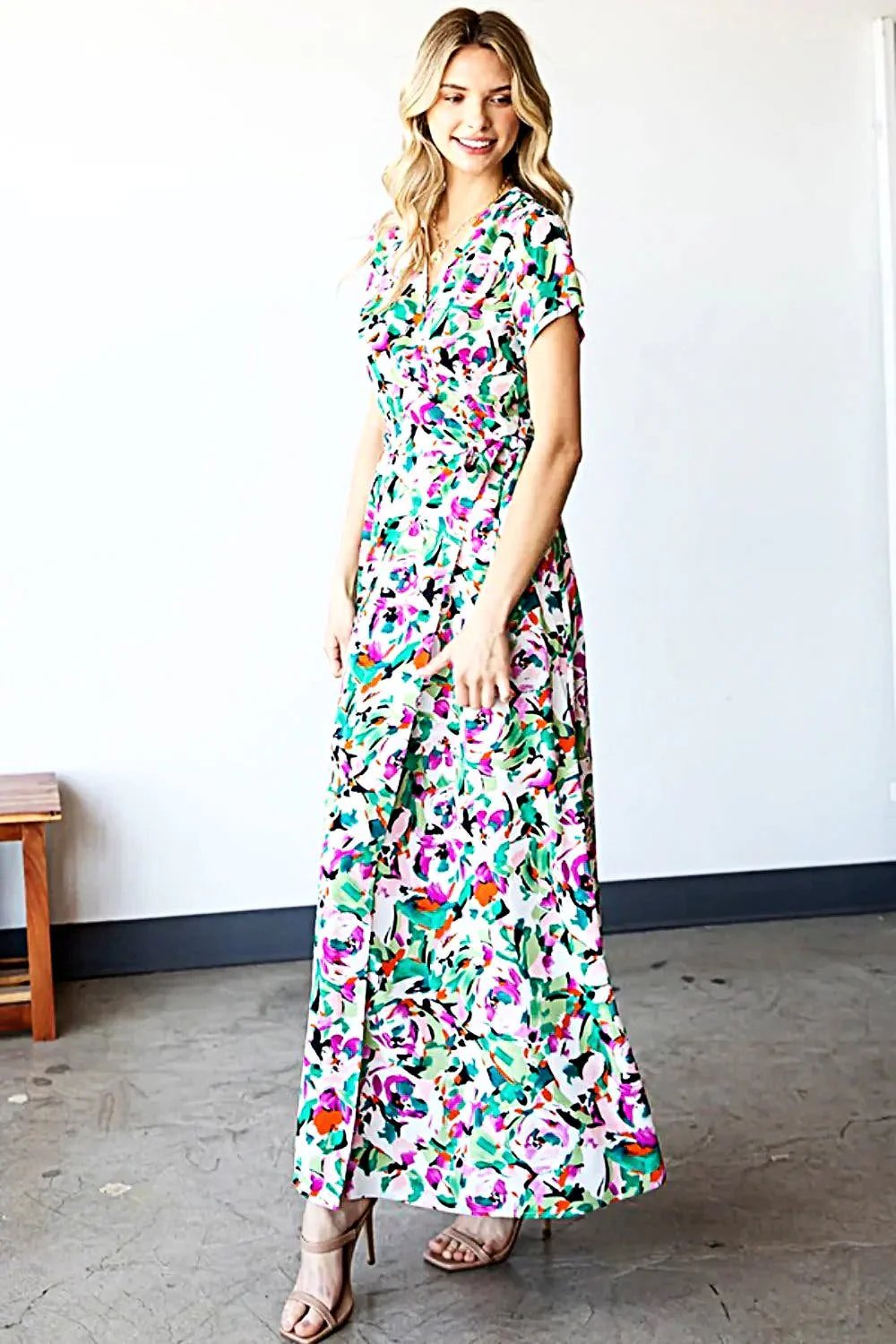 First Love Slit Printed Surplice Tie Waist Short Sleeve Dress -