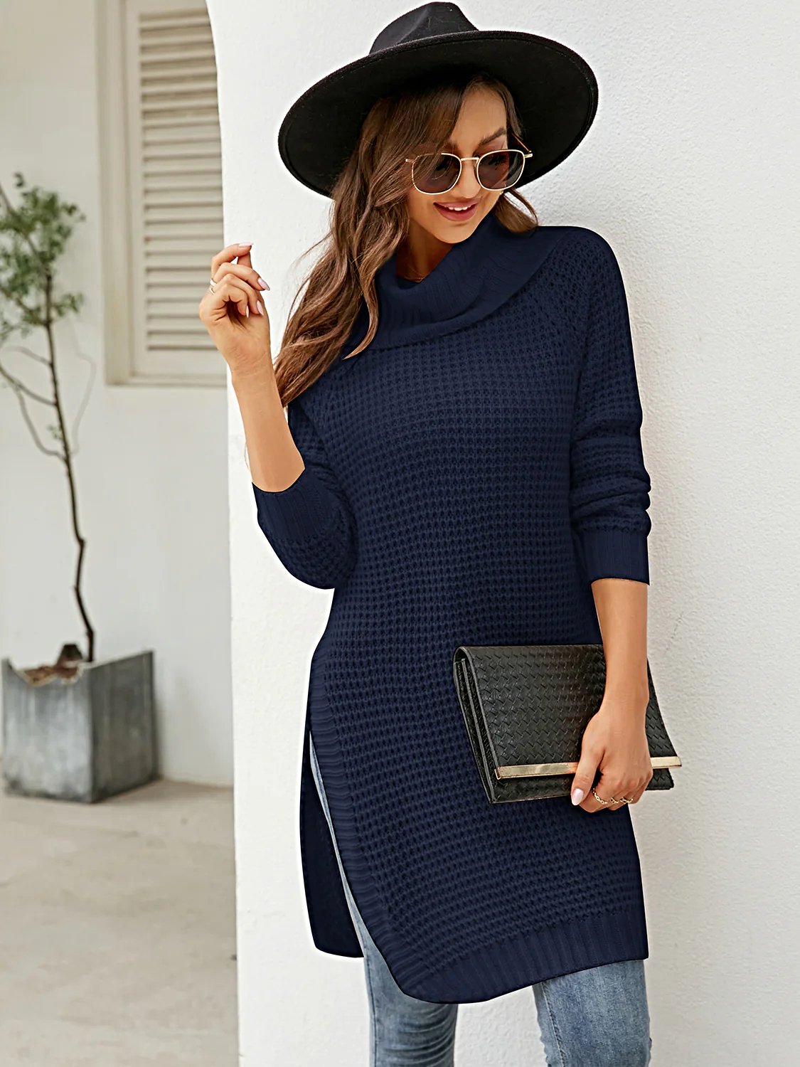 Luxury Turtleneck Sweater Dress with Waffle-Knit Design and Slit Detail Trendsi