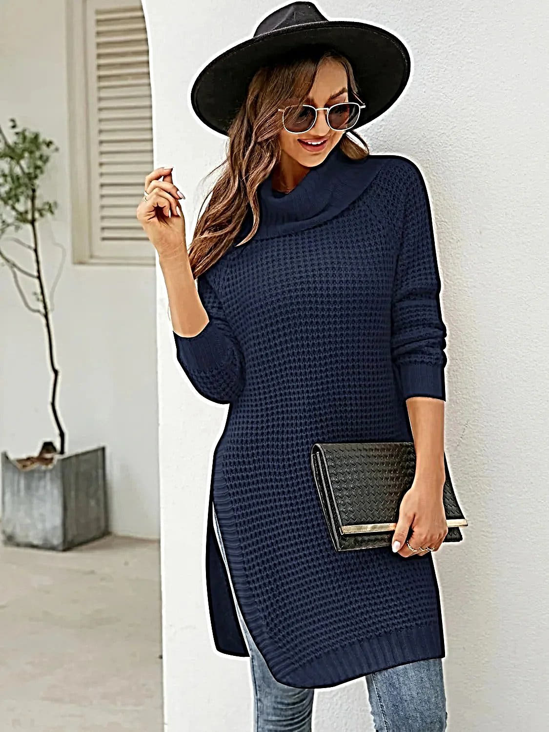 Luxury Turtleneck Sweater Dress with Waffle-Knit Design and Slit Detail -
