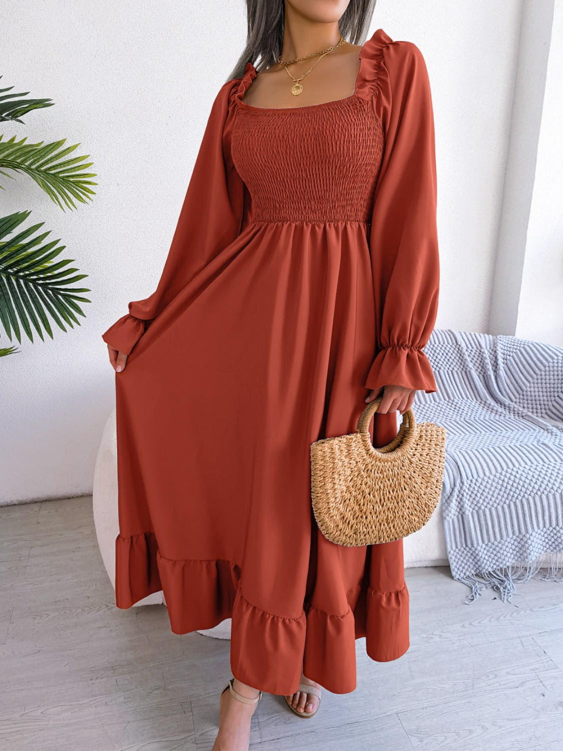Smocked Square Neck Flounce Sleeve Dress -