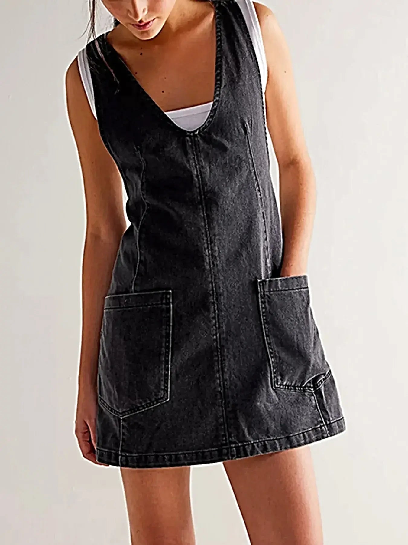 Oversized V-Neck Denim Tank Dress with Front Pockets -