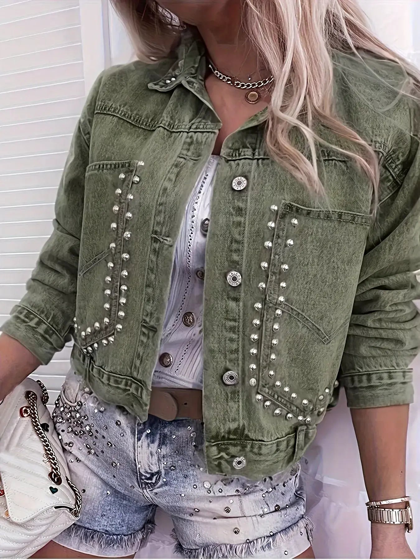 Studded Button Up Wash Denim Jacket -