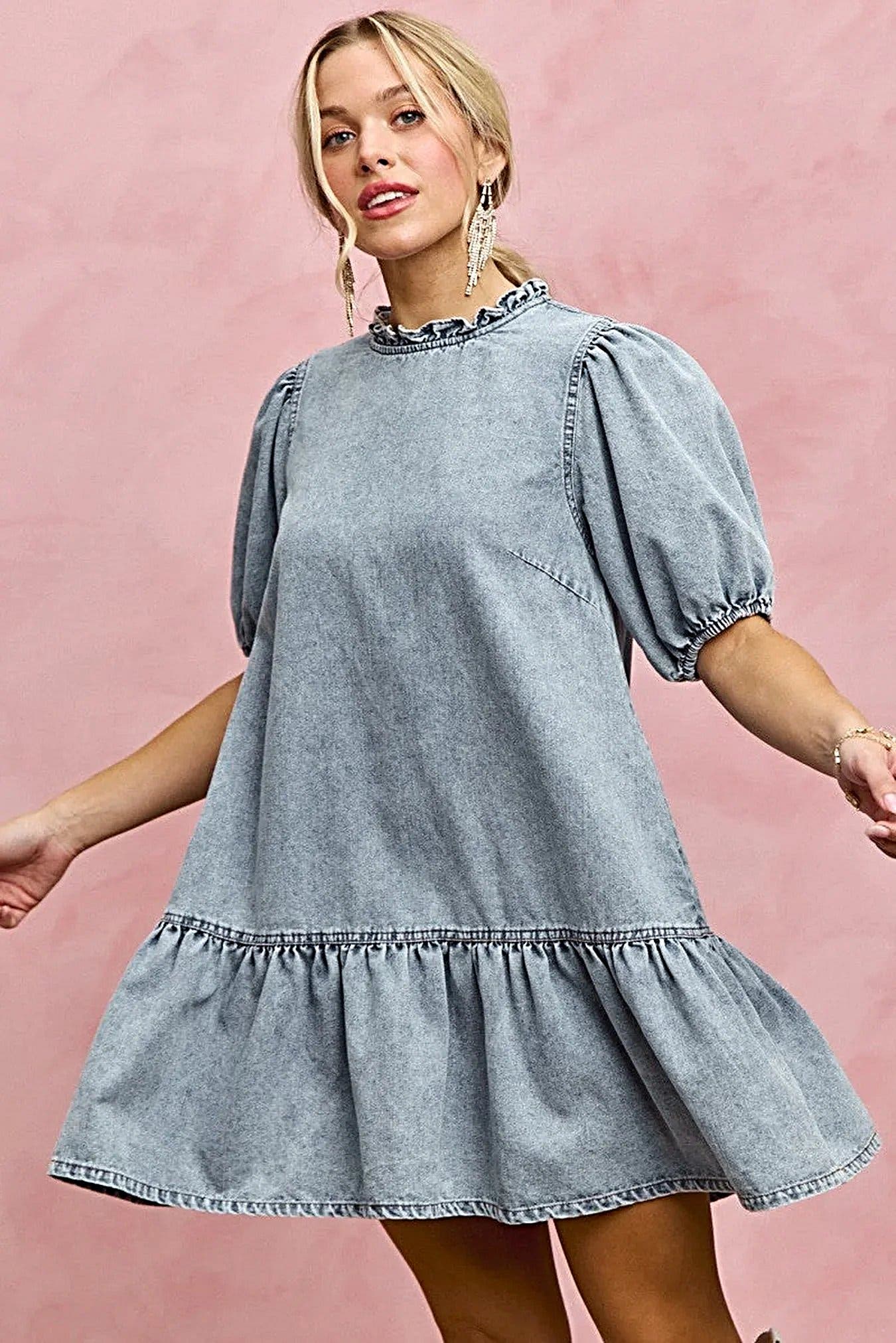 SO ME Denim Short Sleeves Mini Tiered Dress -