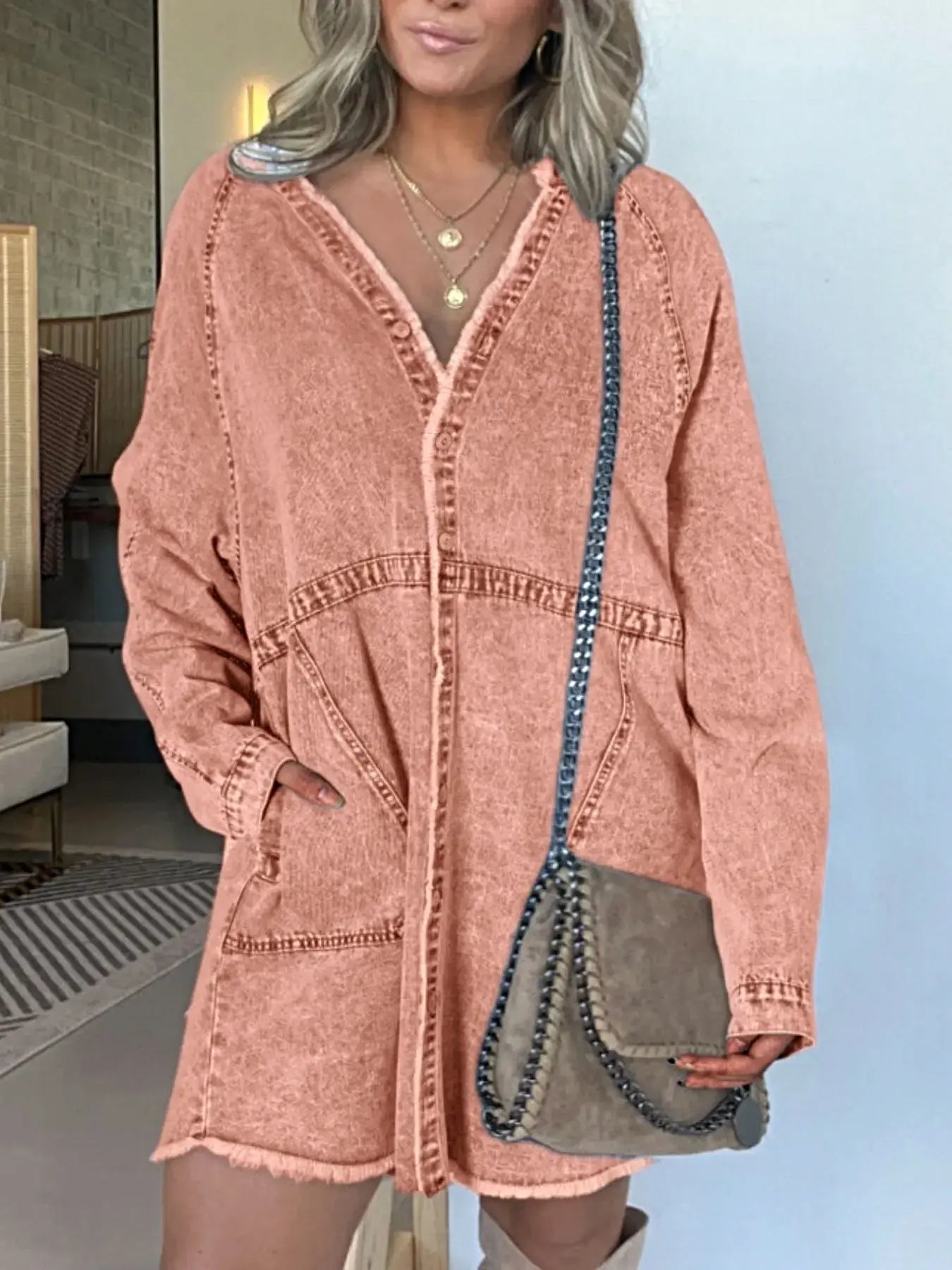 Full Size Button-Front Long Sleeve Denim Shirt Dress Plus Size -