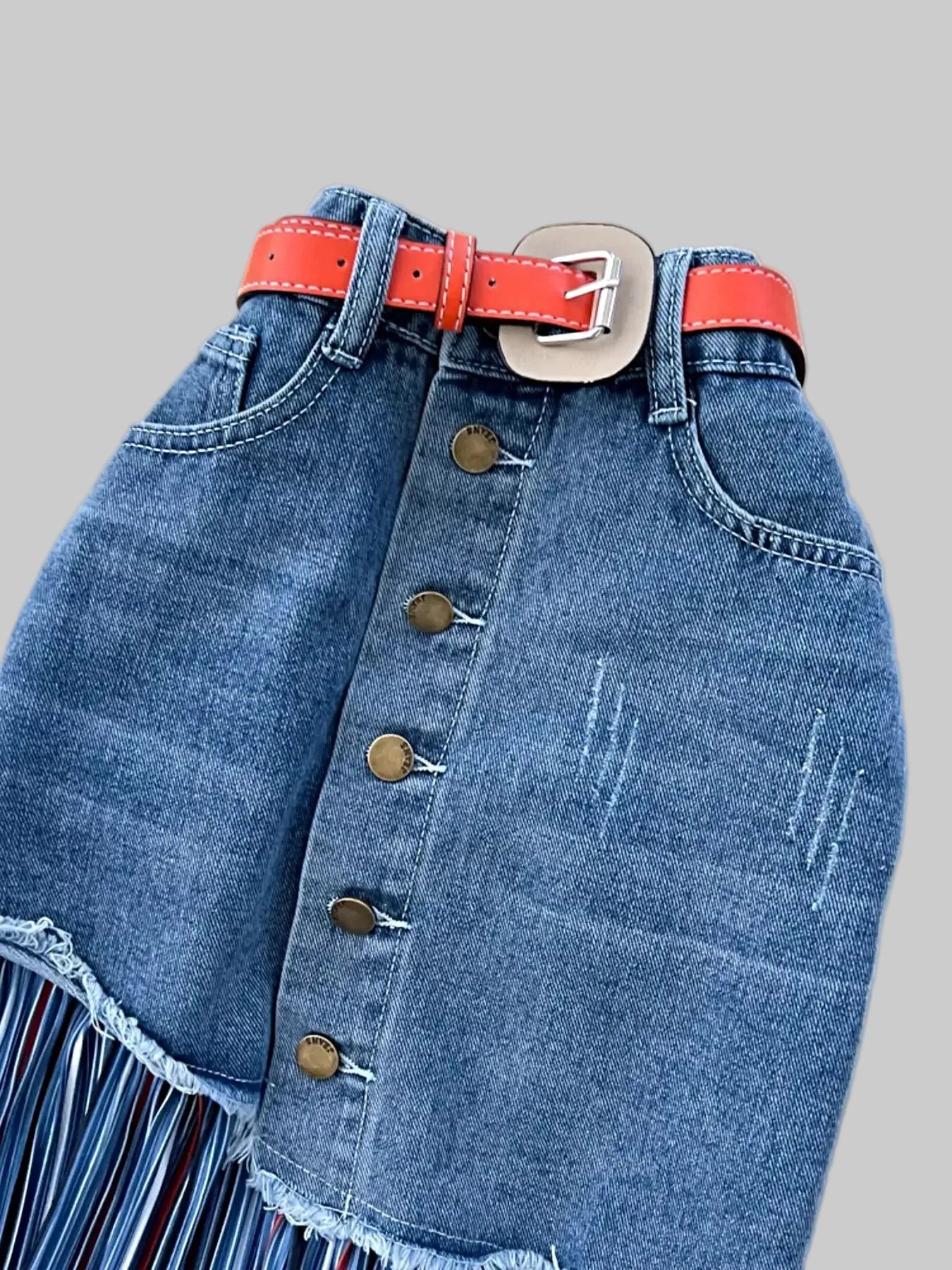 Full Size Striped Patchwork Denim Skirt Plus Size -
