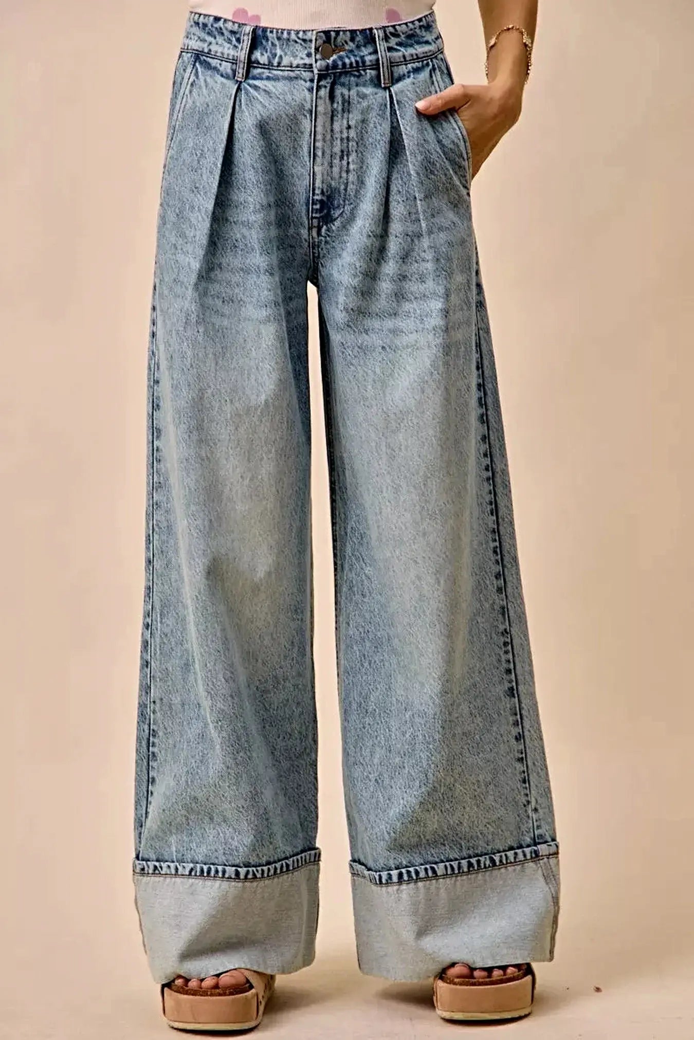SO ME Mid Rise Plated Wid Leg Denim Jean -
