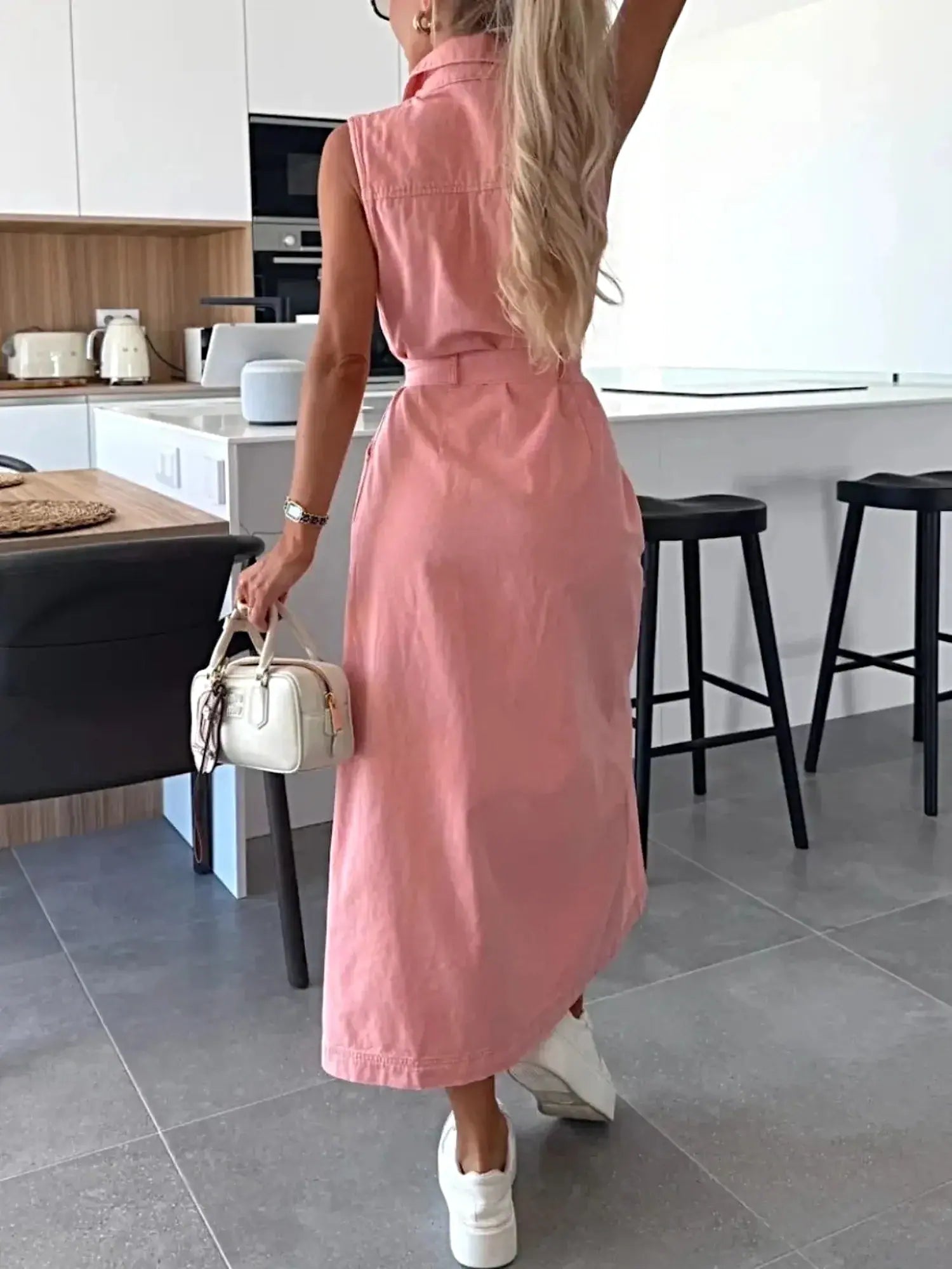 Button Front Sleeveless Denim Dress -