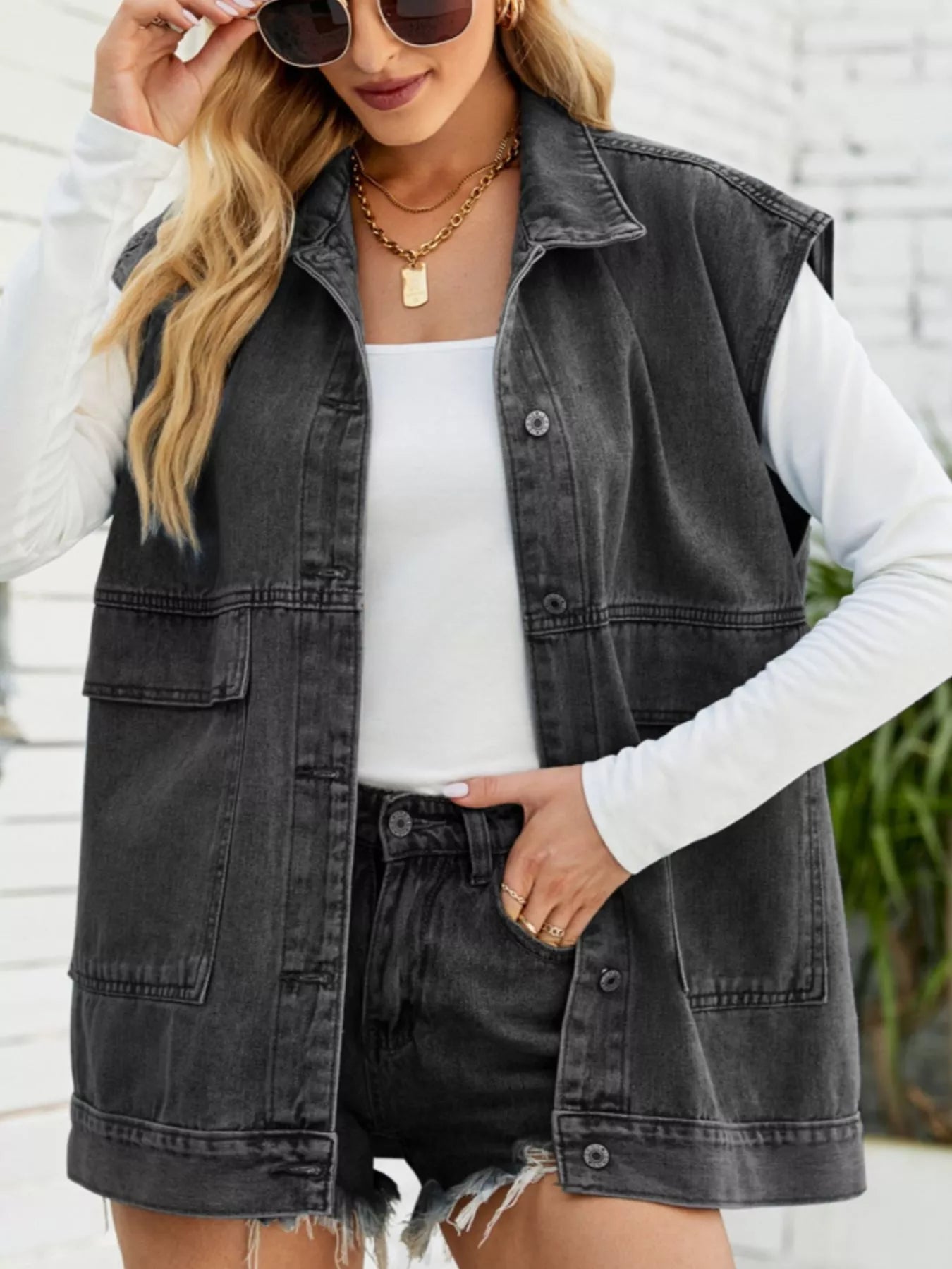 Sleeveless Button-Down Denim Jacket -