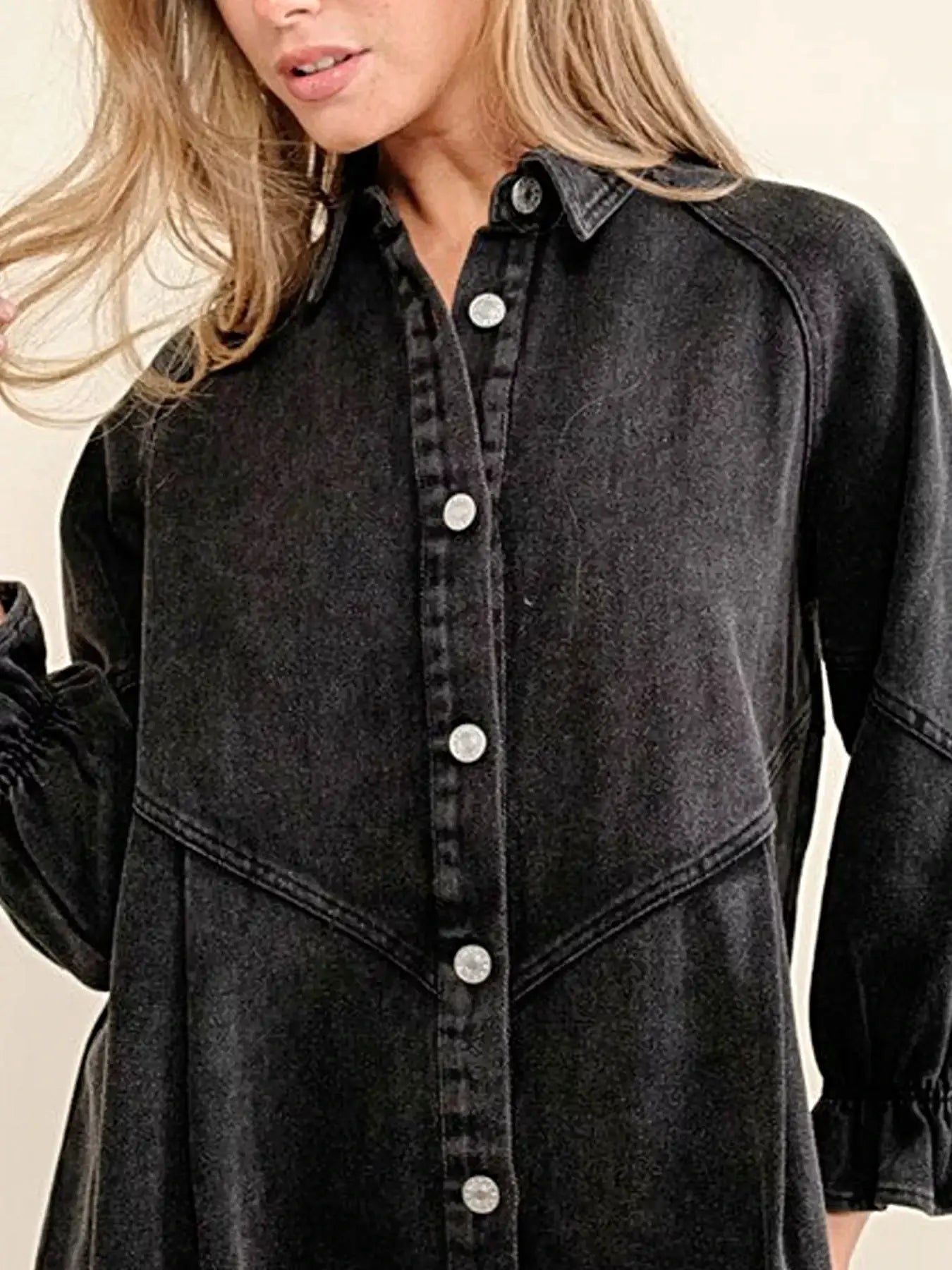 Ruffled Cuff Button-Down Denim Dress -