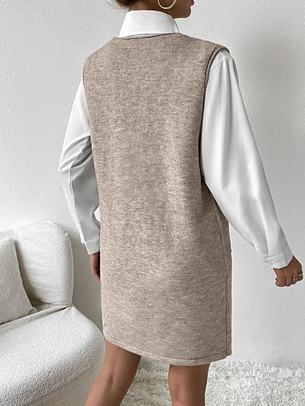 V-Neck Sleeveless Sweater Dress with Pockets -