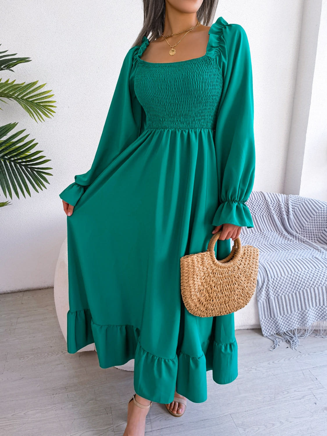 Smocked Square Neck Flounce Sleeve Dress -