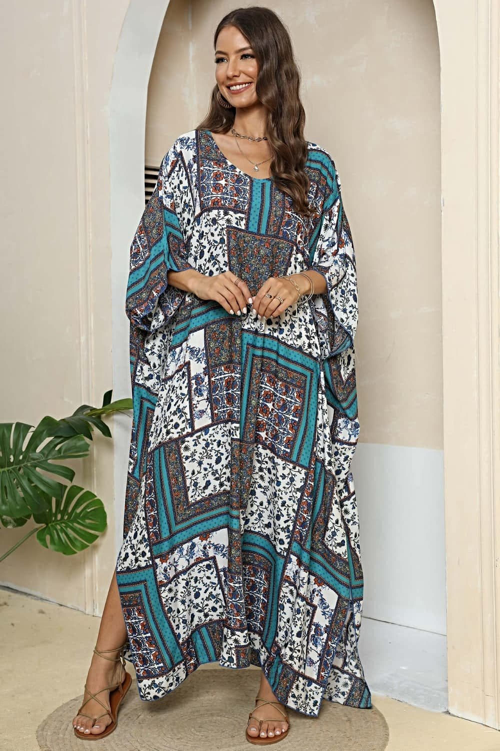 Printed V-Neck Split Maxi Dress -