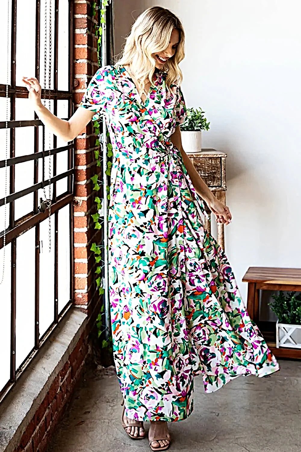 First Love Slit Printed Surplice Tie Waist Short Sleeve Dress -