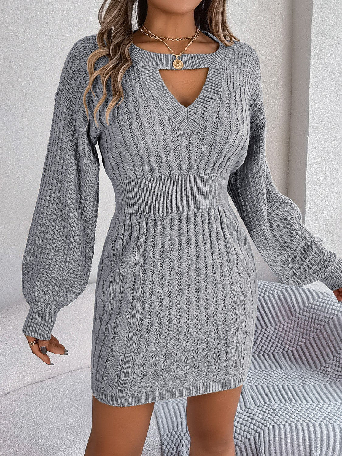 Luxurious Cable Knit Sweater Dress With Cutout Design, Round Neck & Slit Detail Trendsi