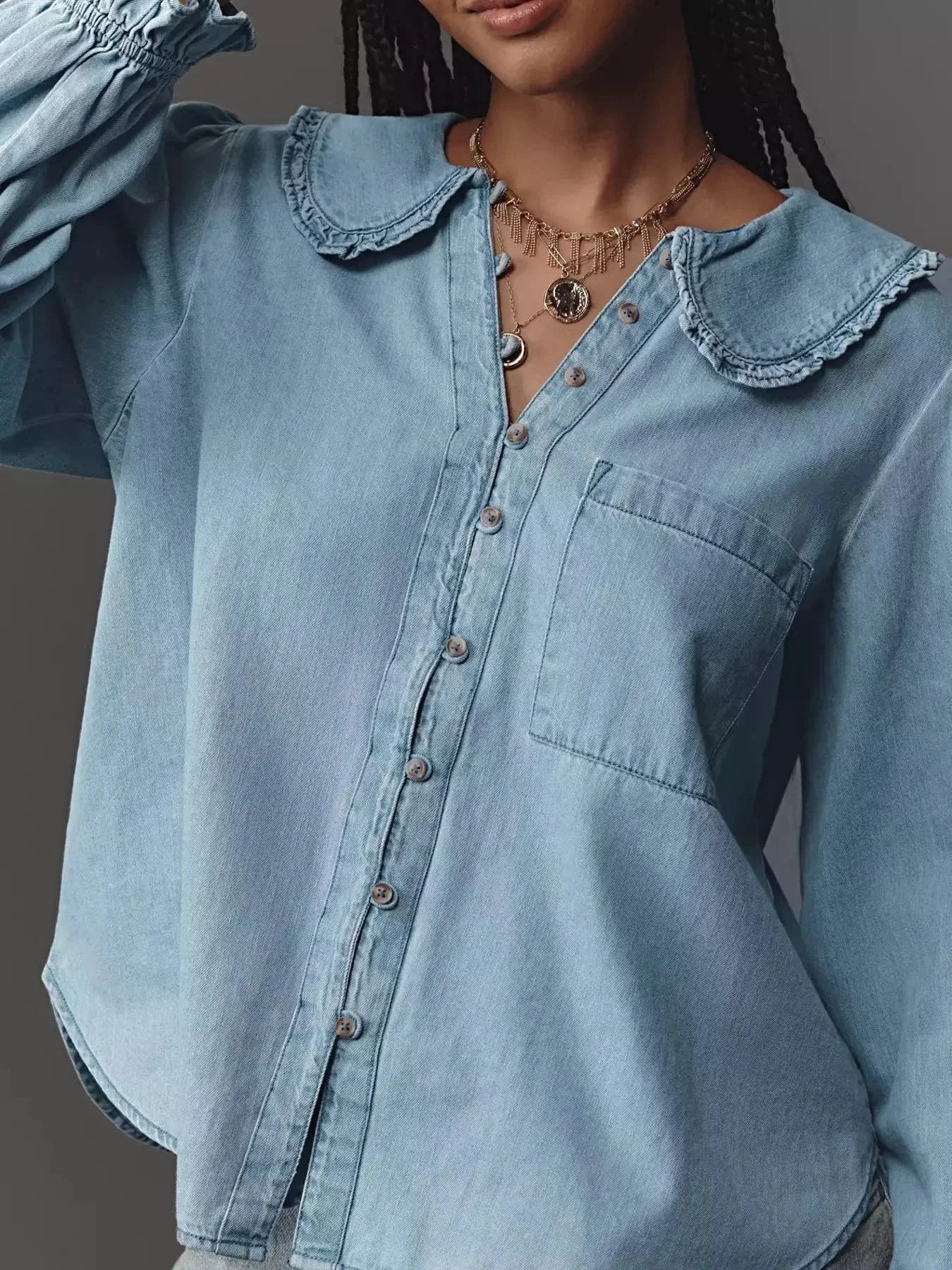 Peter Pan Collar Ruffled Denim Shirt -