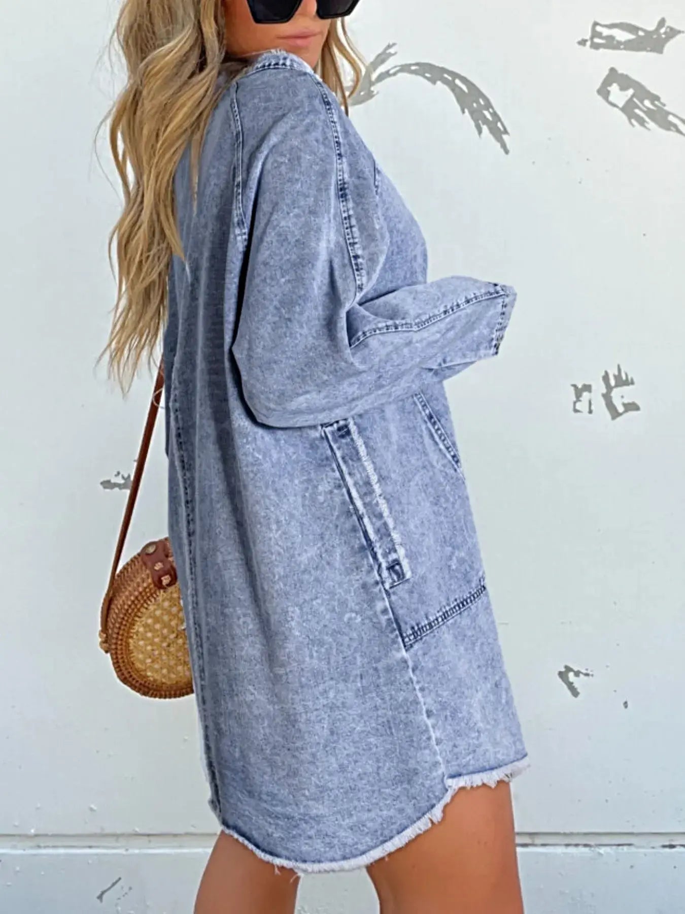 Full Size Button-Front Long Sleeve Denim Shirt Dress Plus Size -
