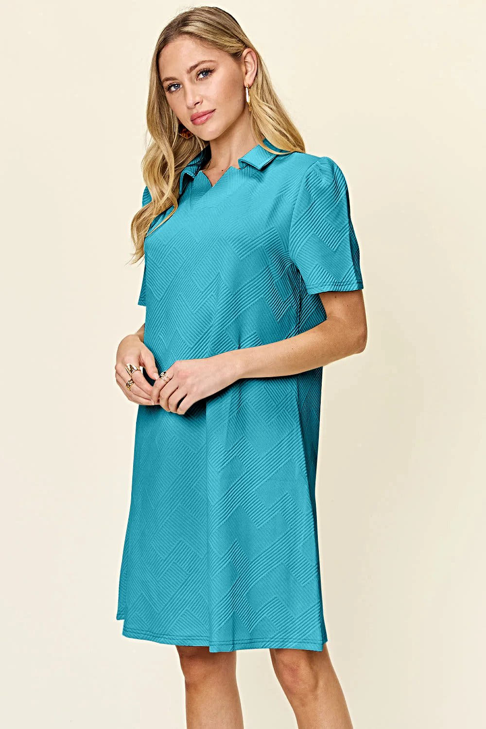 Elegant Double Take Short Sleeve Collar Dress - Textured Opaque Design, Slightly Stretchy, Machine Washable Trendsi