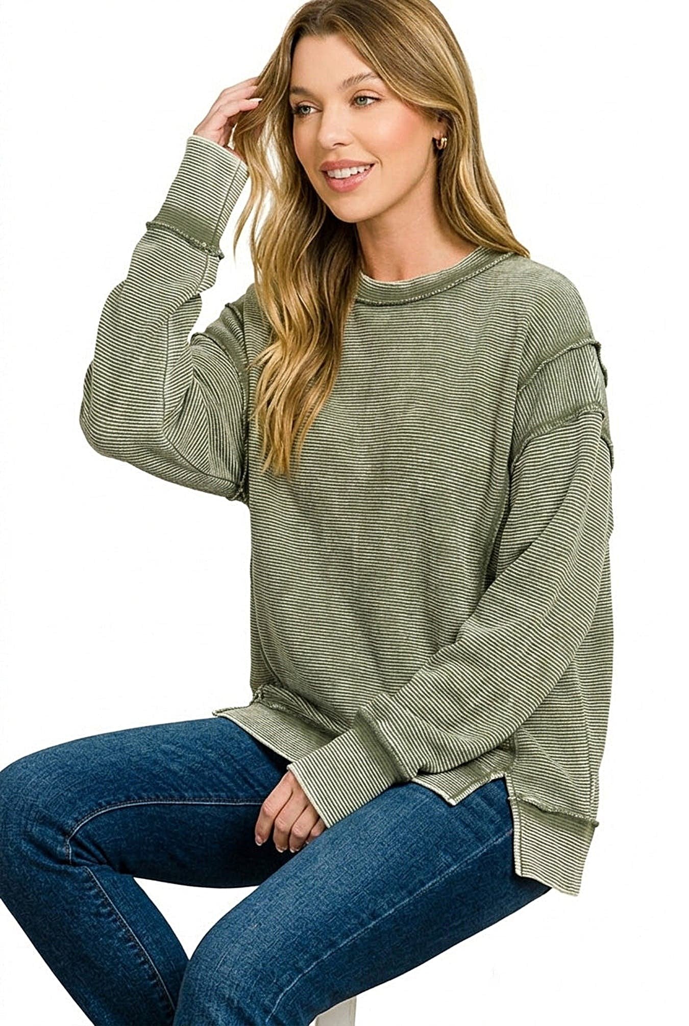 Zenana Acid Washed Double Ribbed Exposed-Seam Sweatshirt -