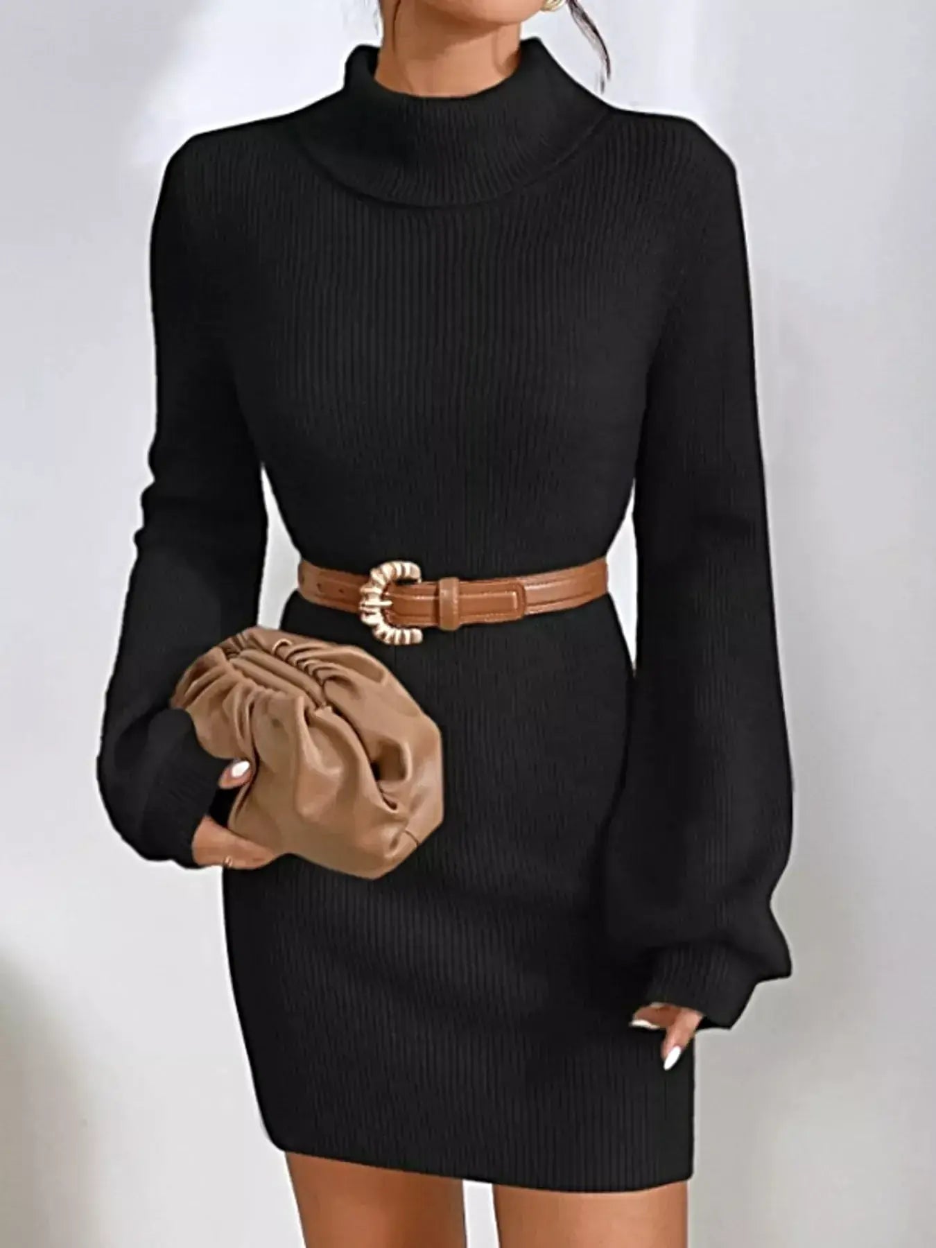 Women's Ribbed Turtleneck Sweater Dress - Stretch Knit For Elegant Cold-Weather Style -