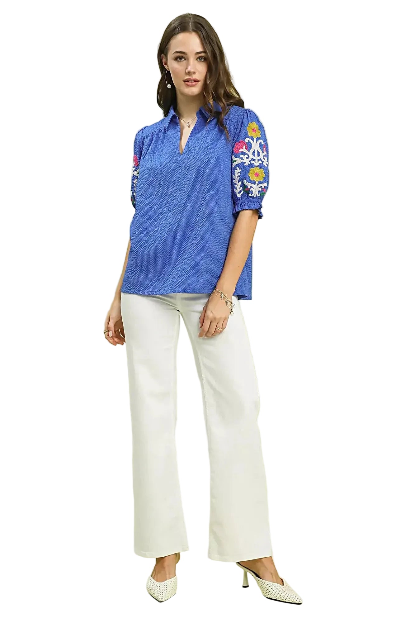 Umgee Seersucker Embroidered Sleeve Blouse -