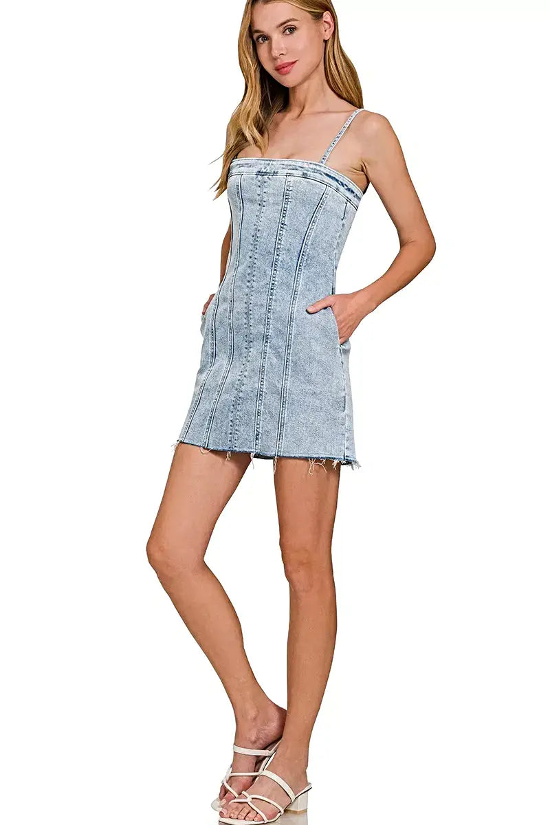 Zenana Spaghetti Strap Exposed Seam Light-Wash Dress -