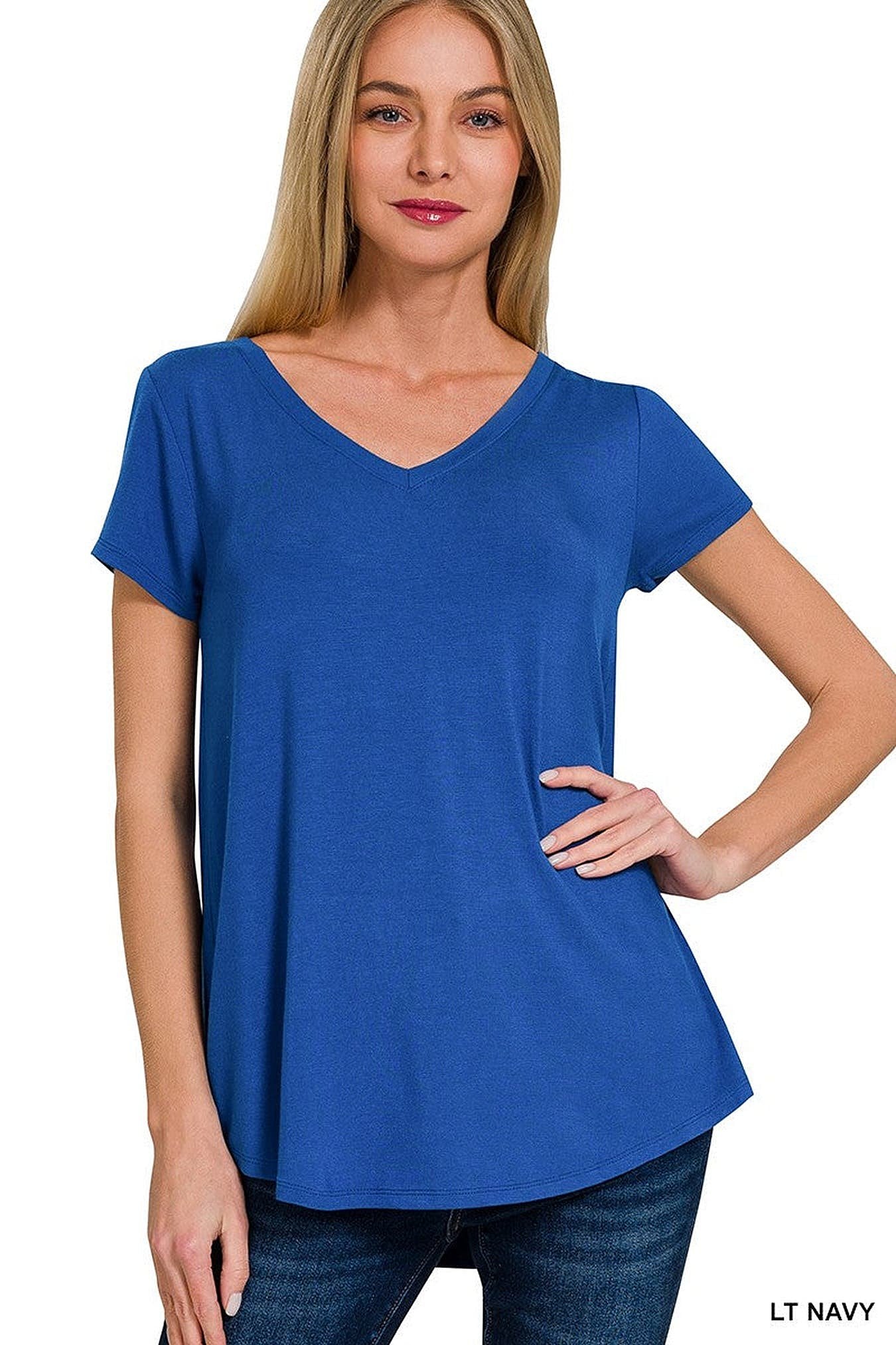 Zenana Rayon Short Sleeve V-neck Round Hem Top -