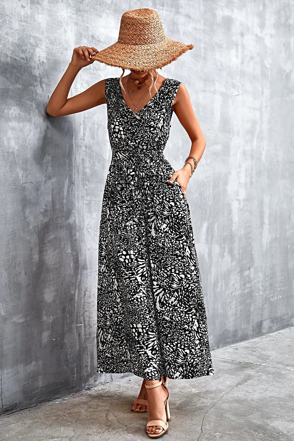 Printed V-Neck Tie Waist Maxi Dress -