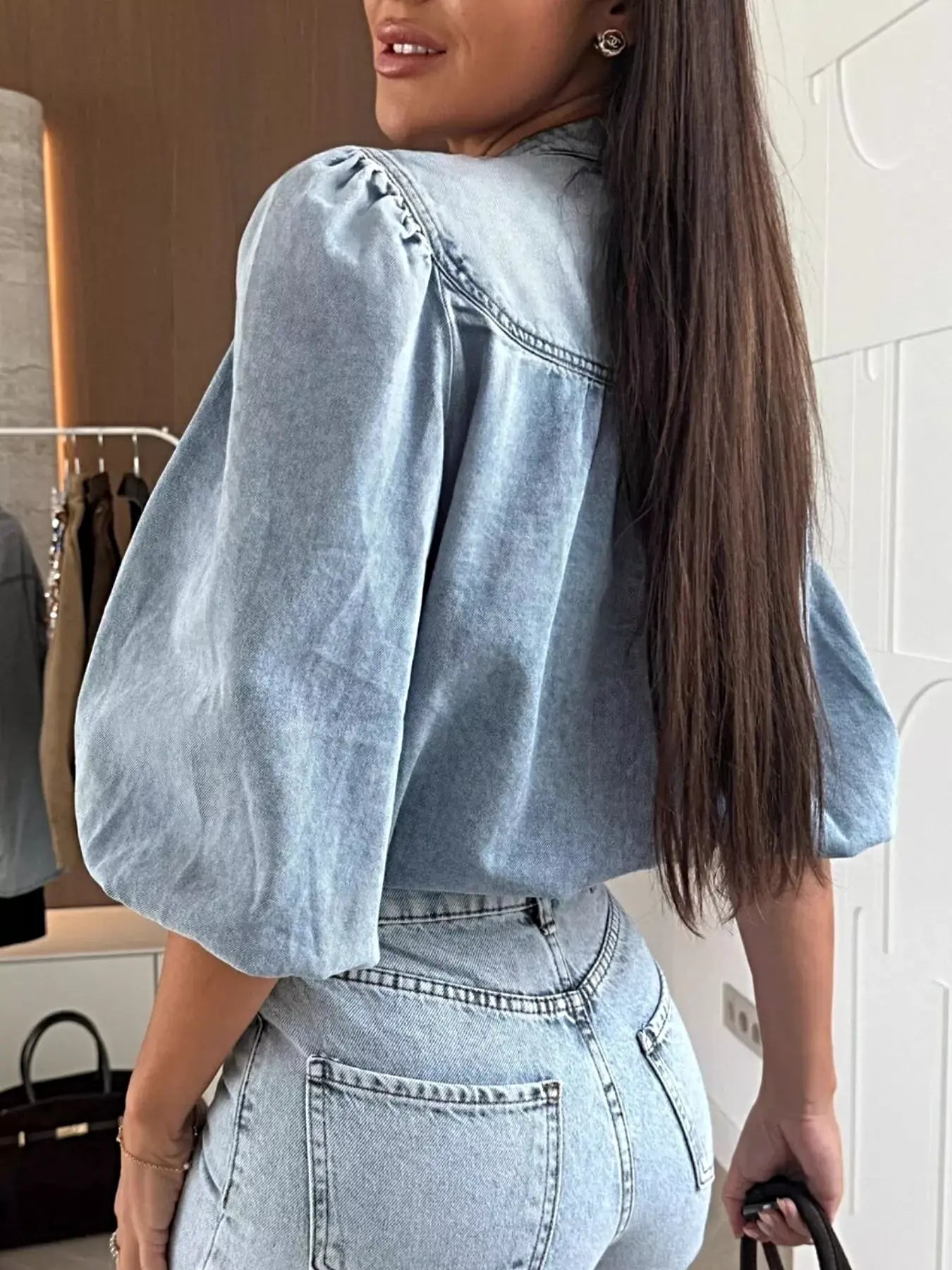 Button-Down Puff Sleeve Denim Top -