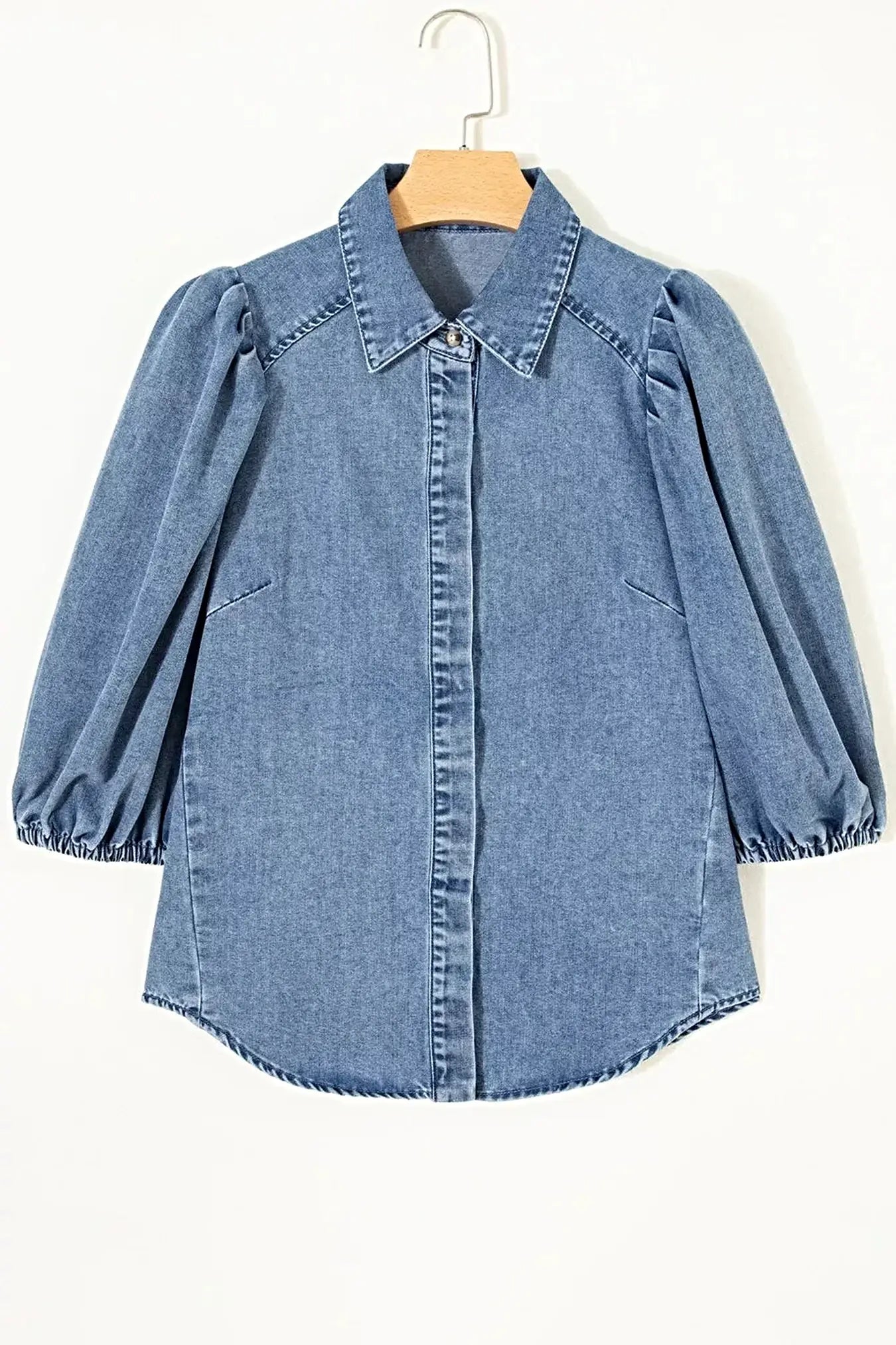 Puff Half Sleeve Collared Denim Shirt -