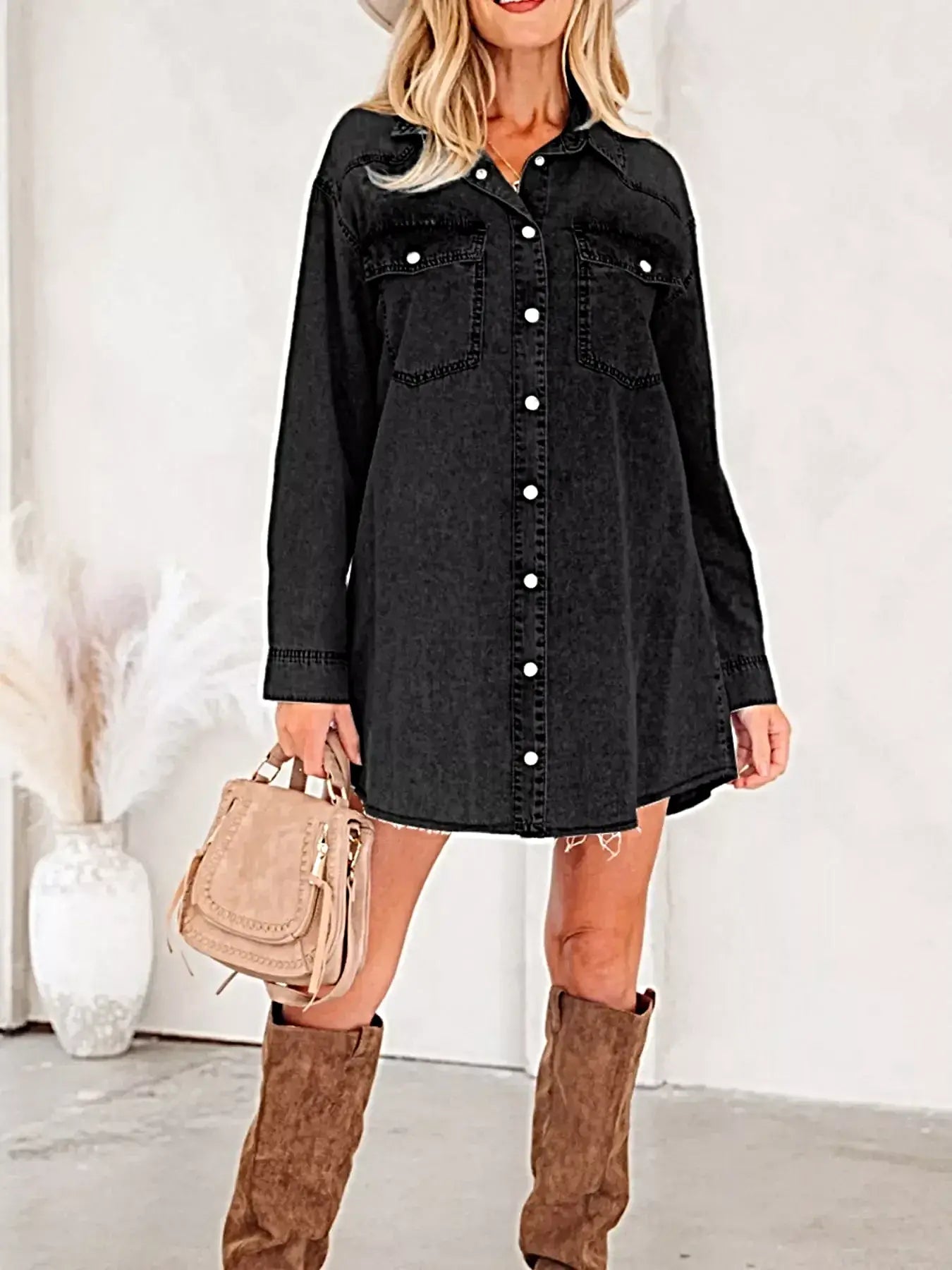 Chest Pocket Raw Hem Denim Loose Shirt Dress -