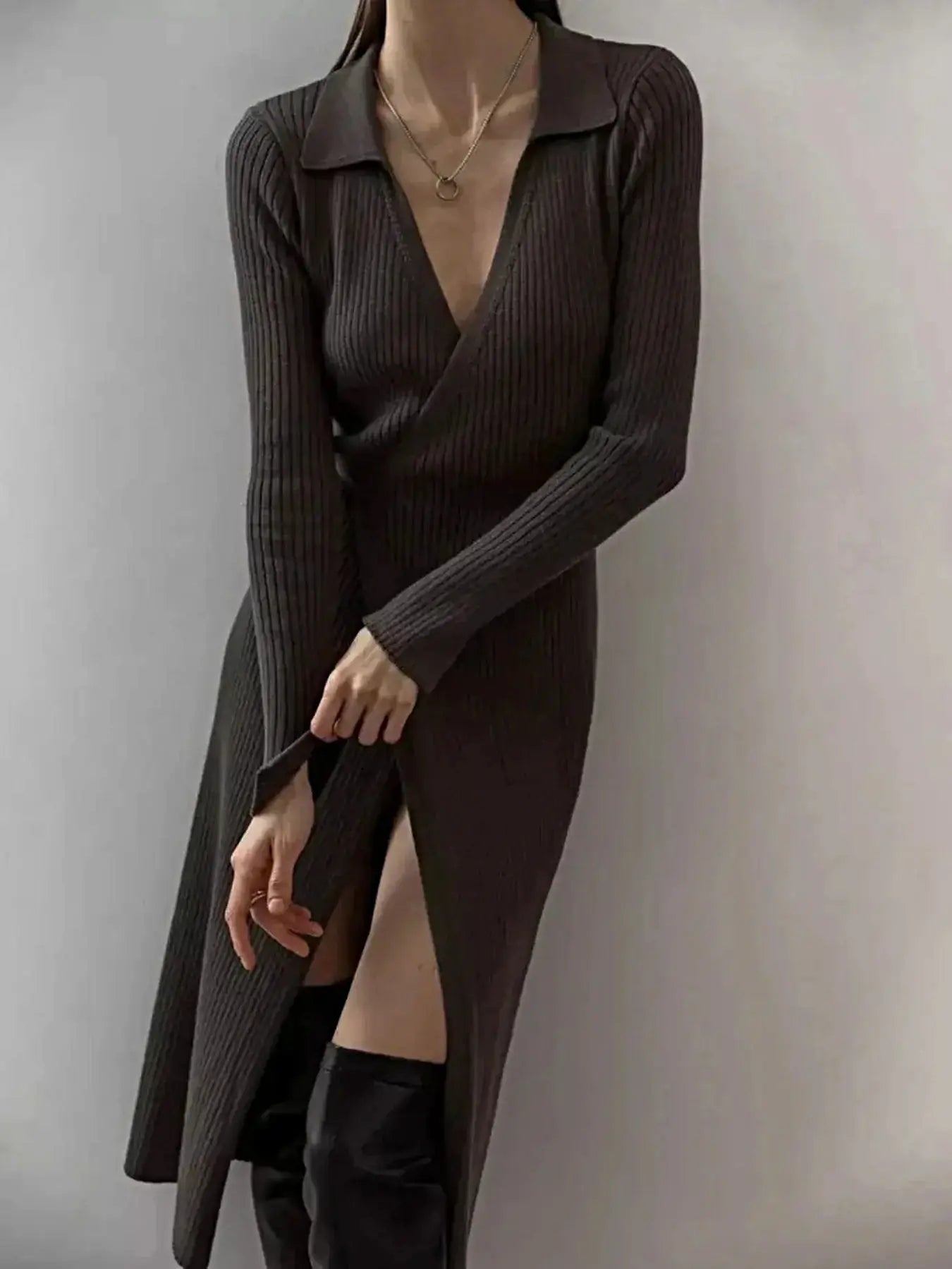 Tied Collared Neck Long Sleeve Sweater Dress -