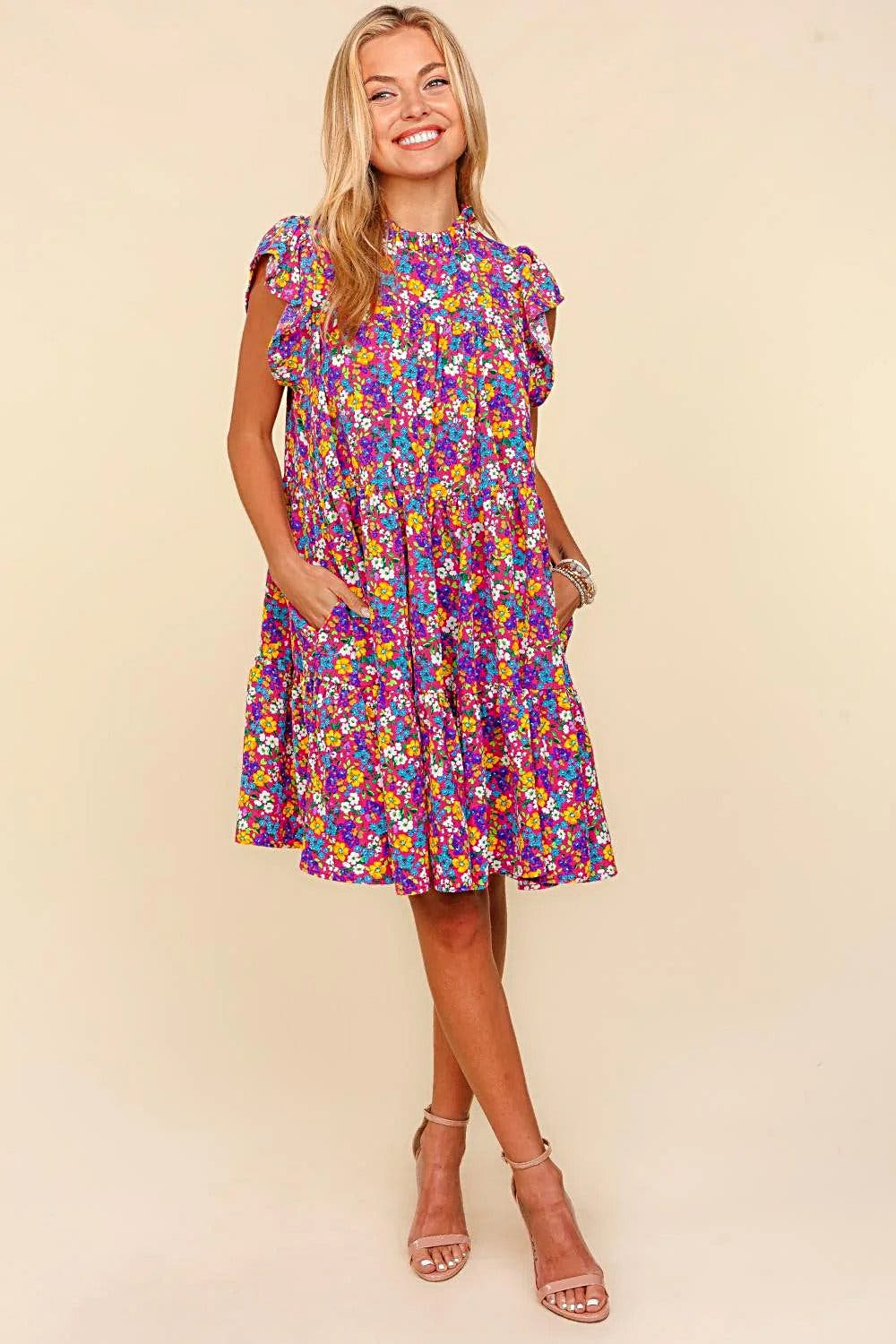 Haptics Frilled Mock Neck Ditsy Floral Dress -