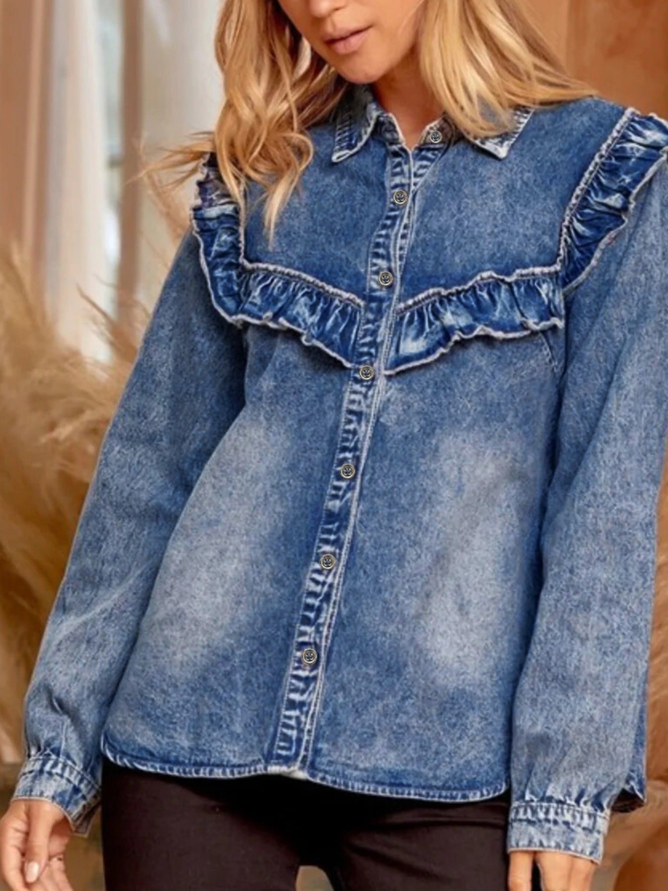 intage Wash Denim Ruffle Detail Button Down Shirt -