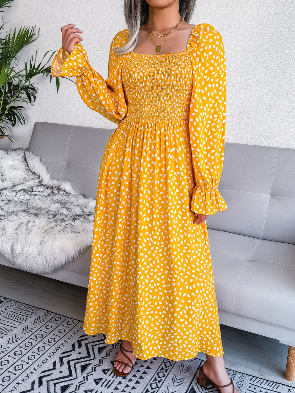 Smocked Square Neck Flounce Sleeve Dress -