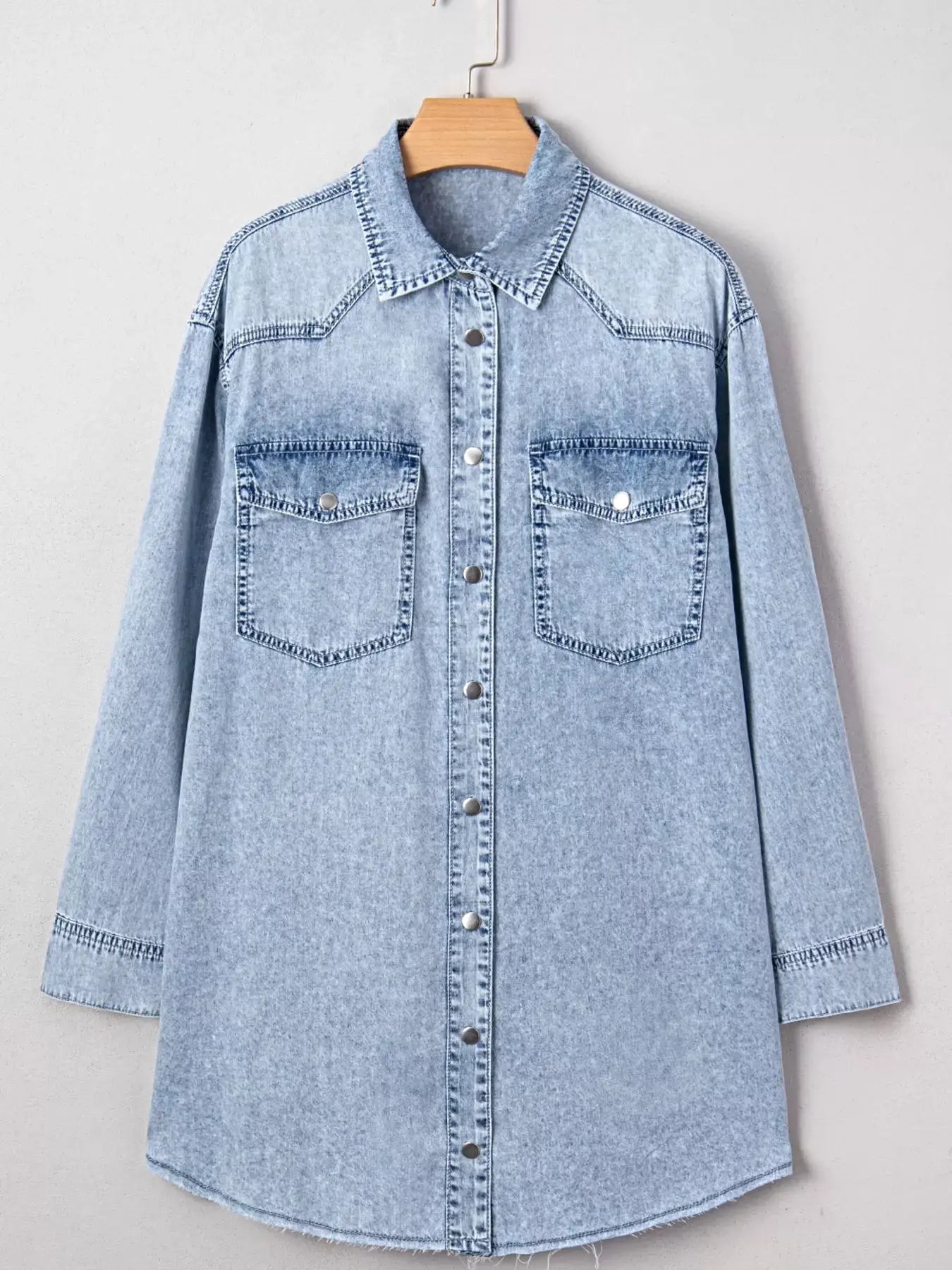 Chest Pocket Raw Hem Denim Loose Shirt Dress -