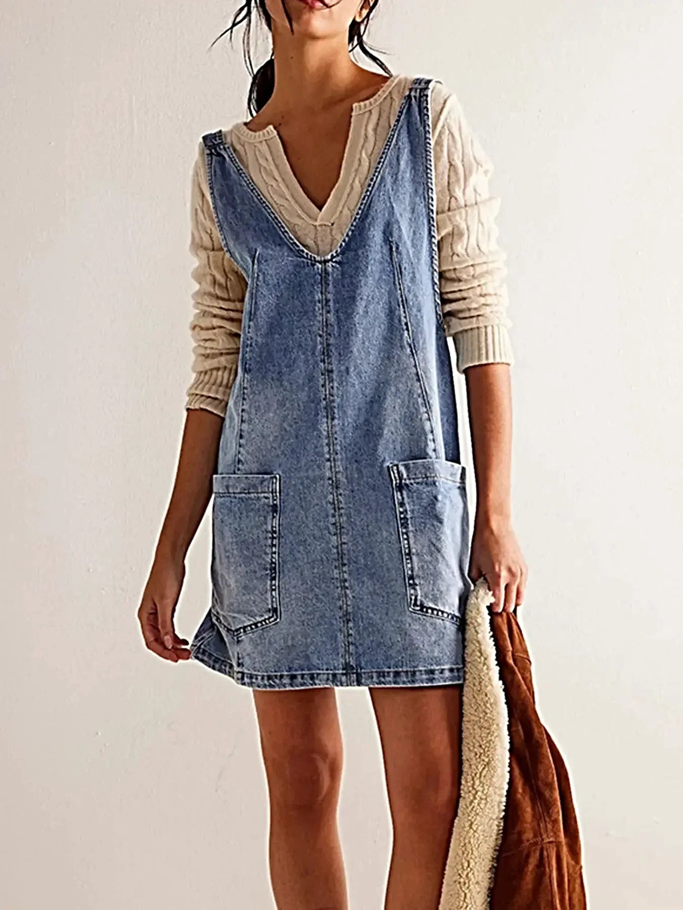 Oversized V-Neck Denim Tank Dress with Front Pockets -