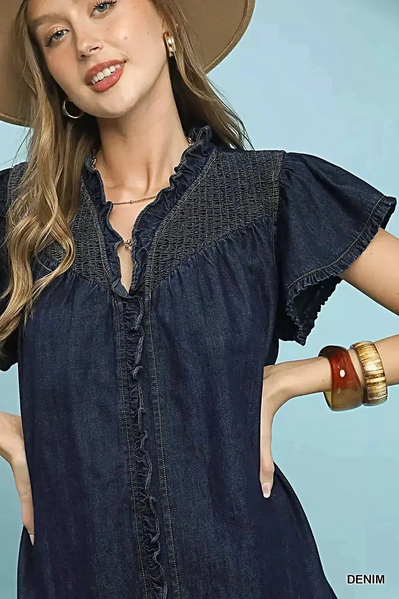 Umgee Ruffled Washed Denim Dress -