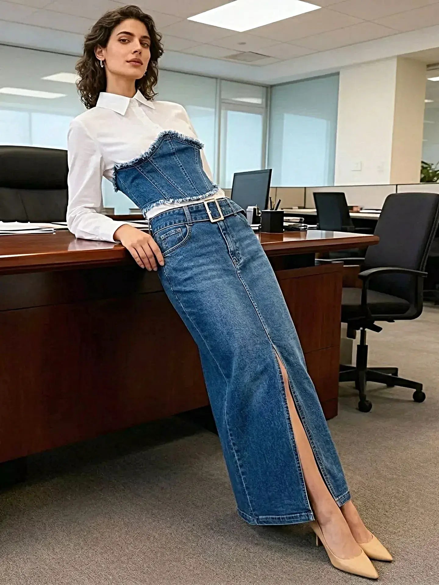 Frayed Denim Patchwork Top & Slit Maxi Skirt Denim Set -