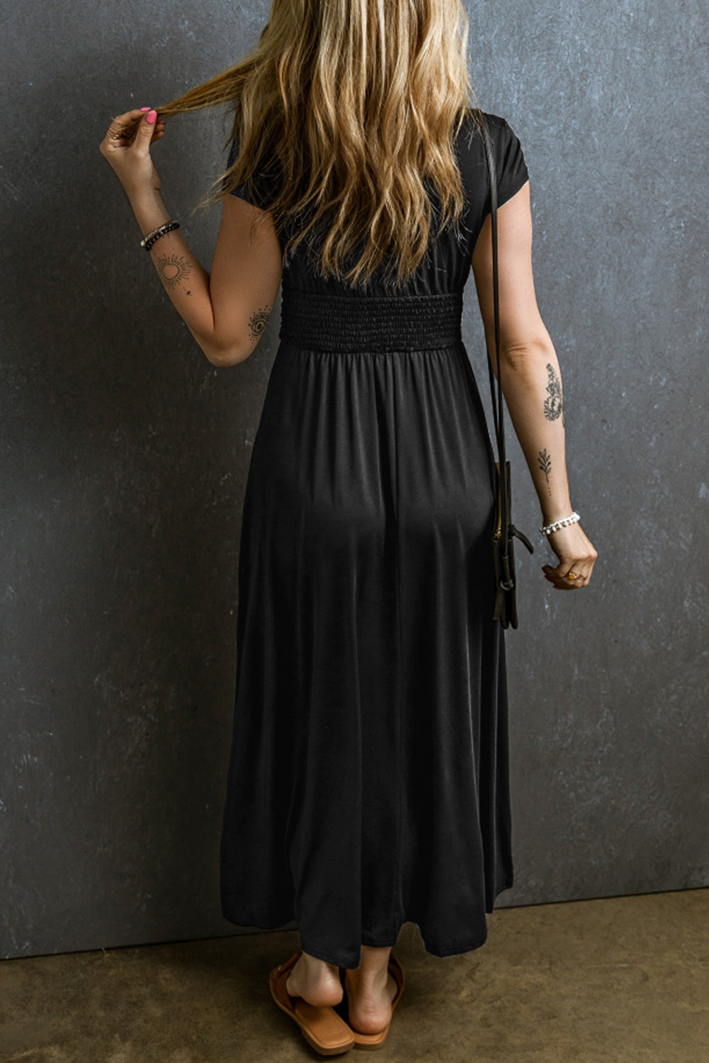 Smocked V-Neck Short Sleeve Dress Trendsi