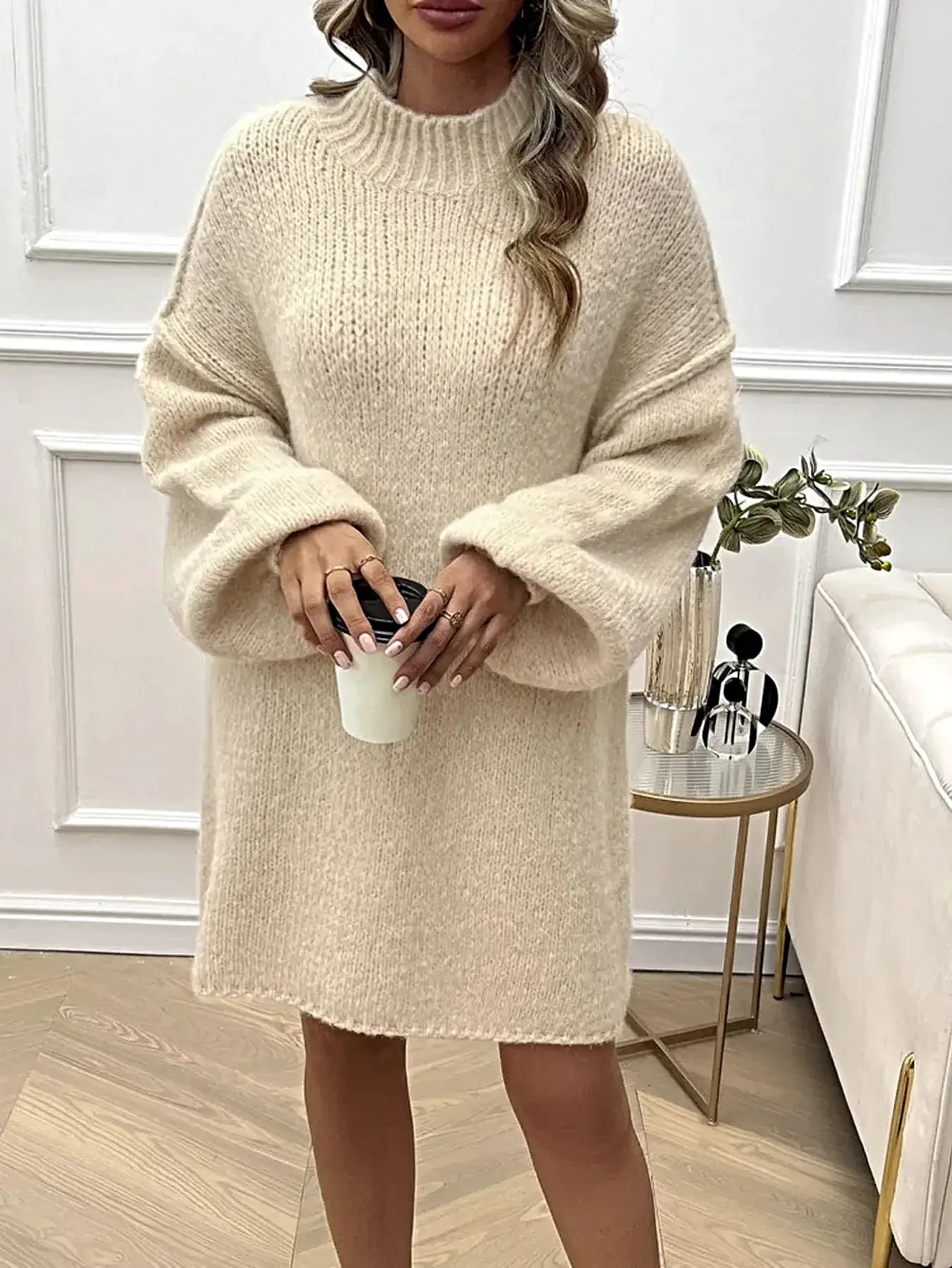 Devine Mock Neck Long Sleeve Mini Sweater Dress -