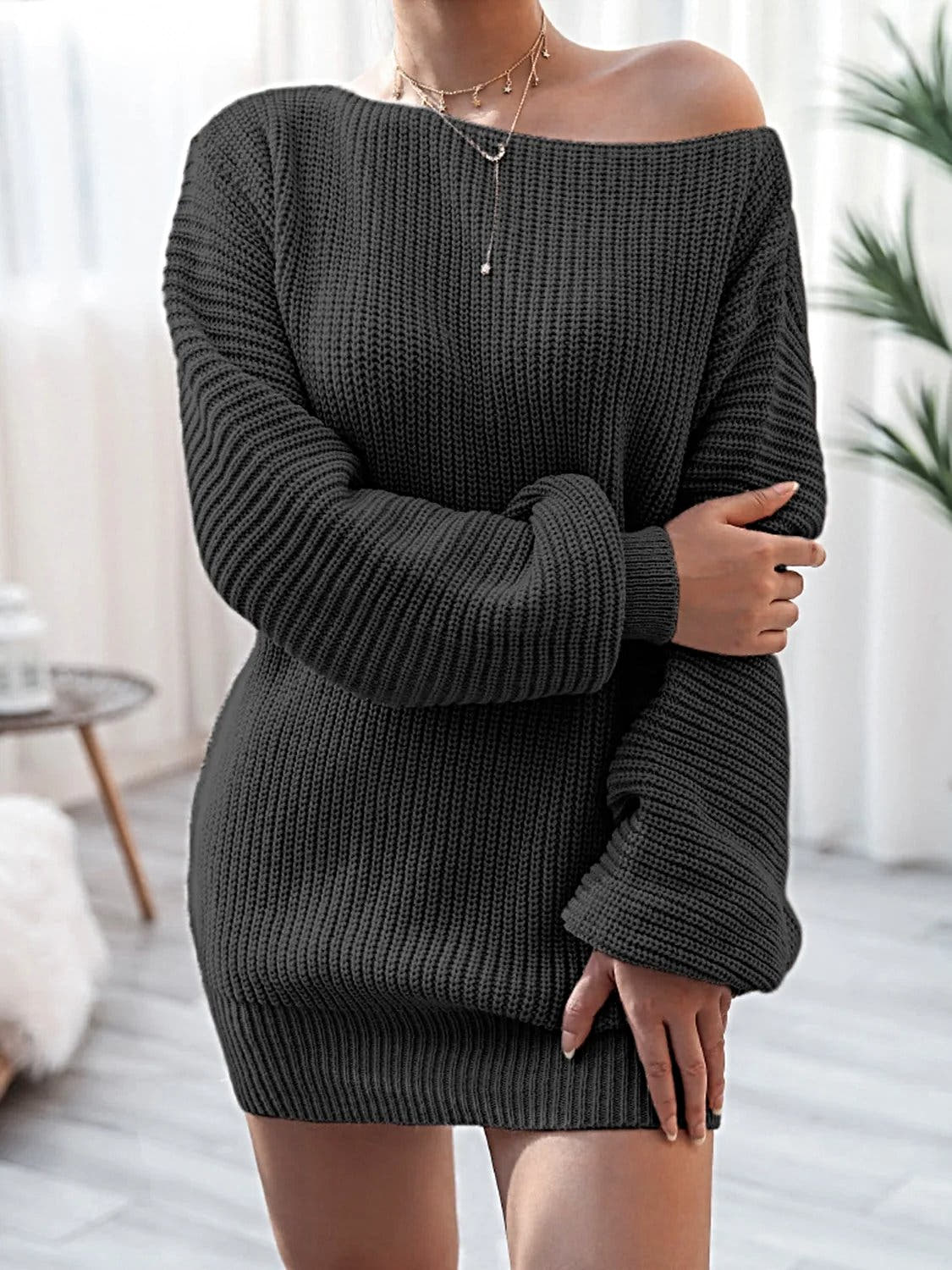 Rib-Knit Mini Sweater Dress -