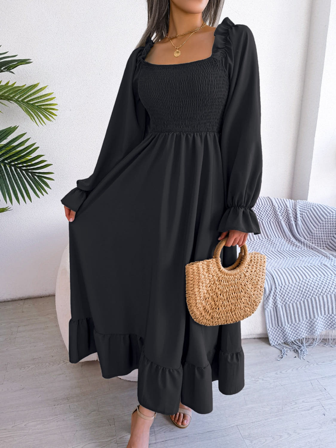 Smocked Square Neck Flounce Sleeve Dress -