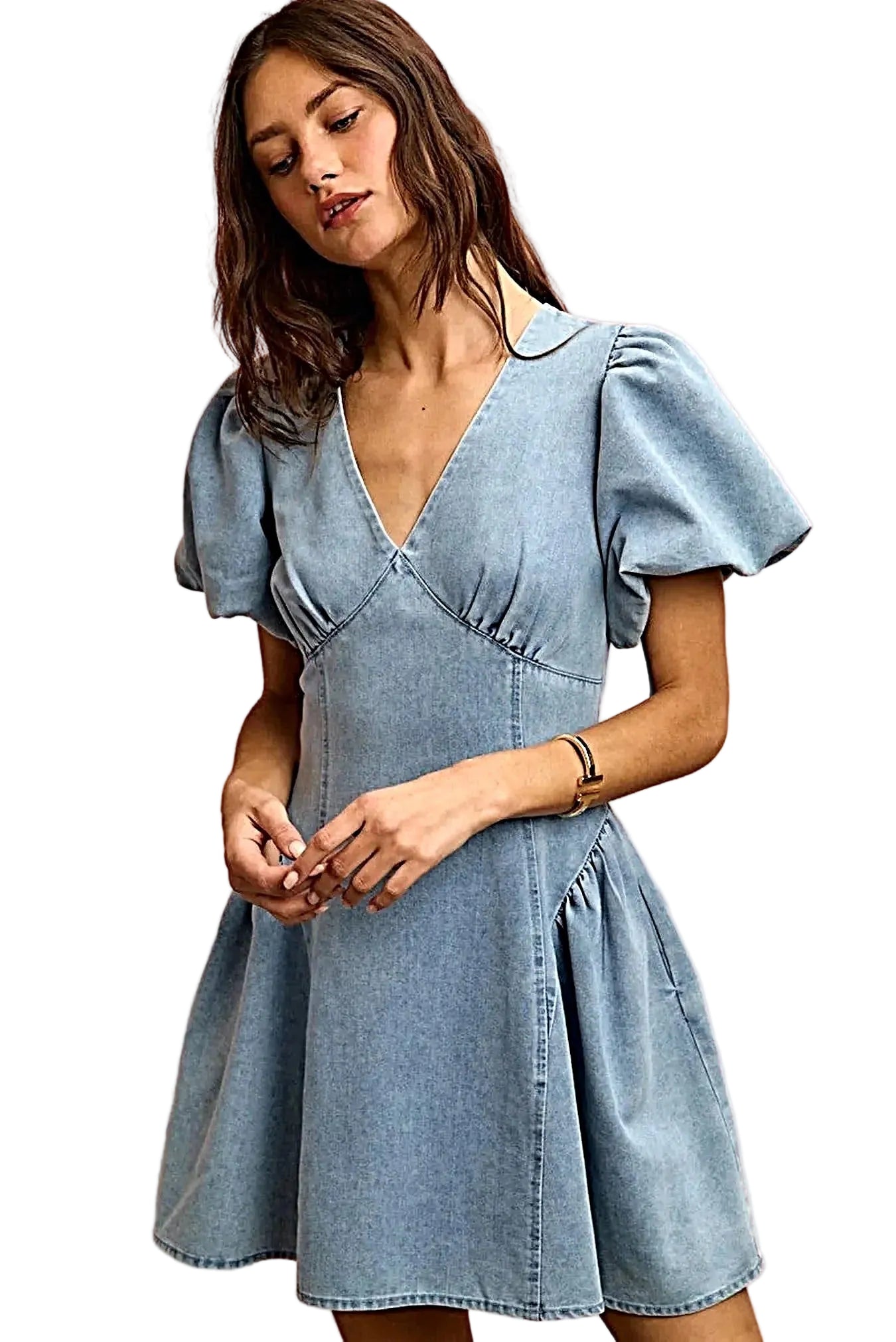 SO ME Bubble Sleeves Denim Fit And Flare Mini Dress -