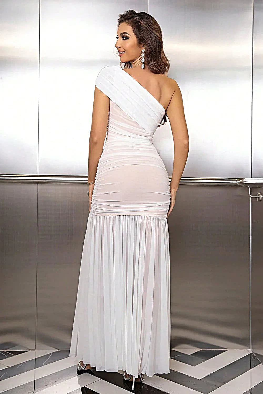 Elegant One Shoulder Maxi Dress with Ruched Detailing - Slightly Stretchy Opaque Fabric Trendsi
