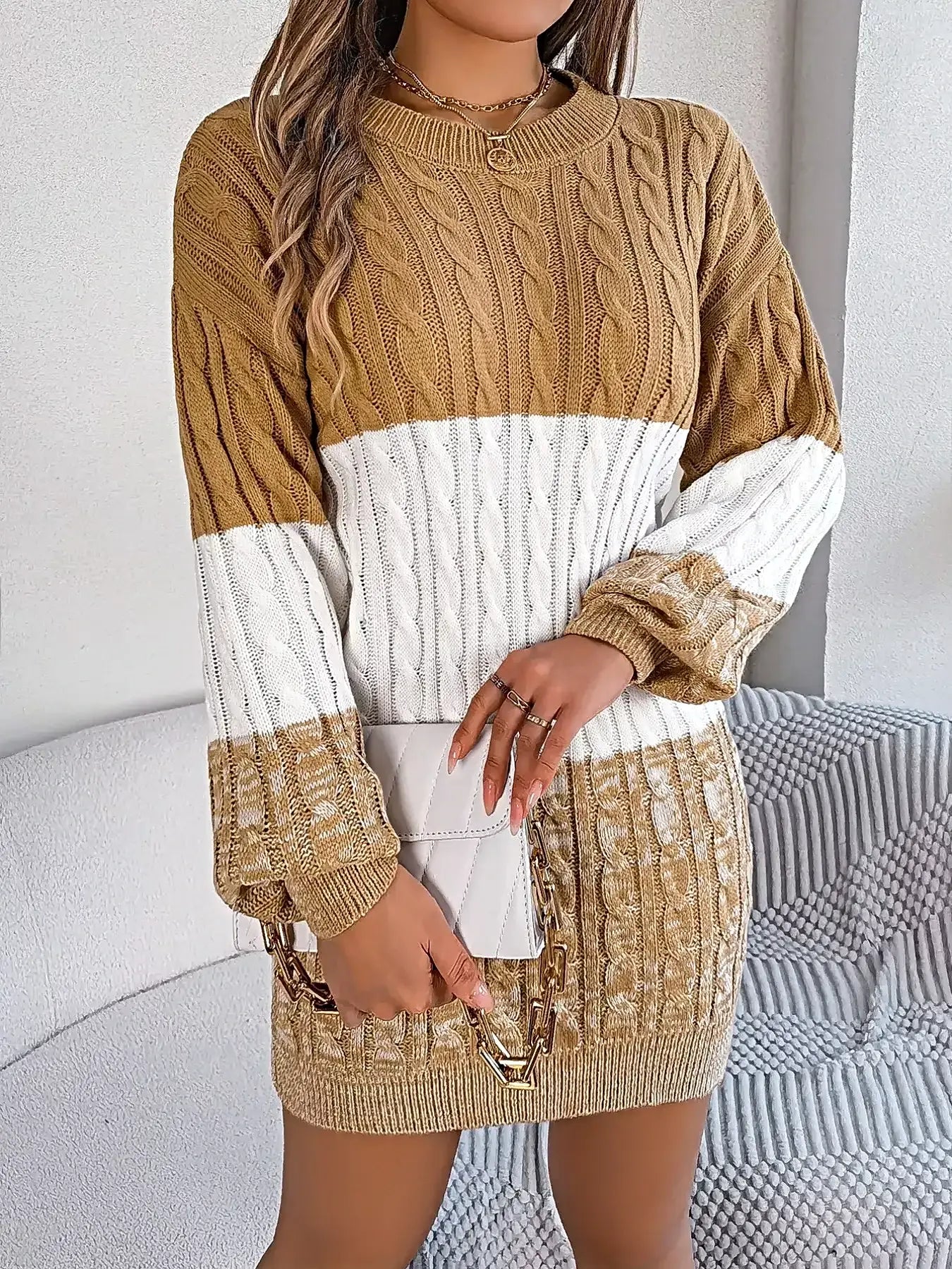 Color Block Cable Knit Sweater Dress with Textured Pattern -