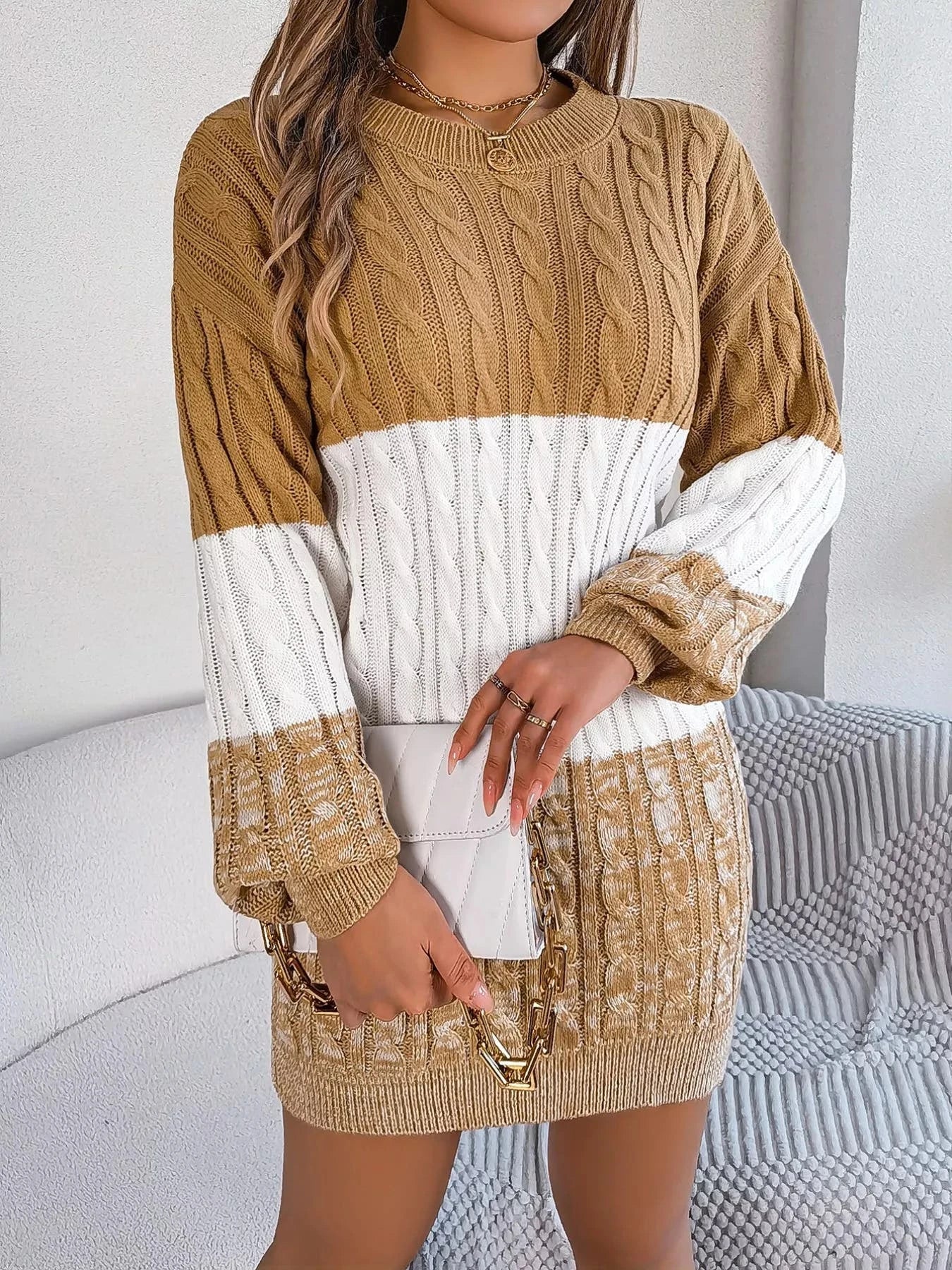 Color Block Cable Knit Sweater Dress with Textured Pattern -